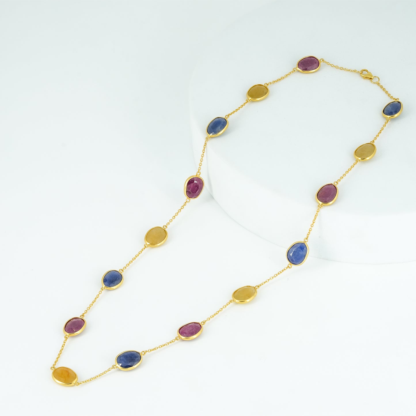 The Trinity Royal Gemstone Chain - Ruby Yellow Sapphire Blue Sapphire 18kt Gold Plated Sterling Silver
