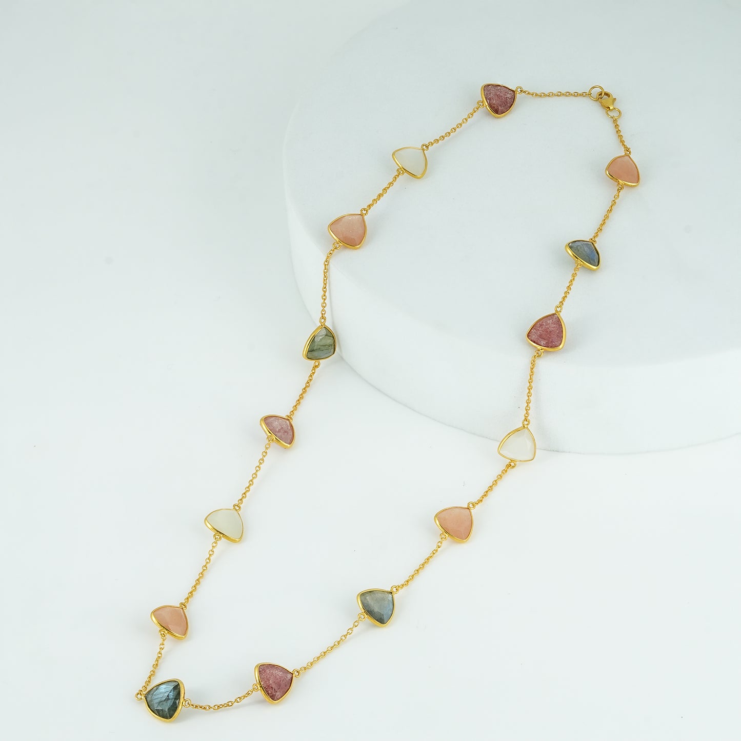 The Celestial Quartet Necklace - Strawberry Quartz Moonstone Labradorite Trillion Cut 18kt Gold Plated Sterling Silver