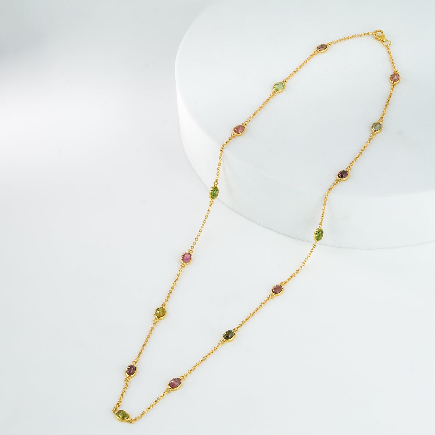 The Tourmaline Spectrum Chain - Pink Rubellite Olive Verdelite Cabochon 18kt Gold Plated Sterling Silver