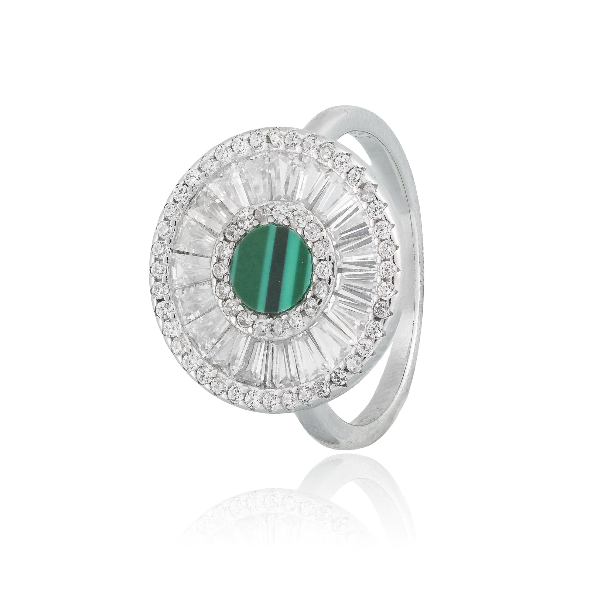 Silver ring with green gemstone and surrounded by a halo of baguette and round-cut crystals