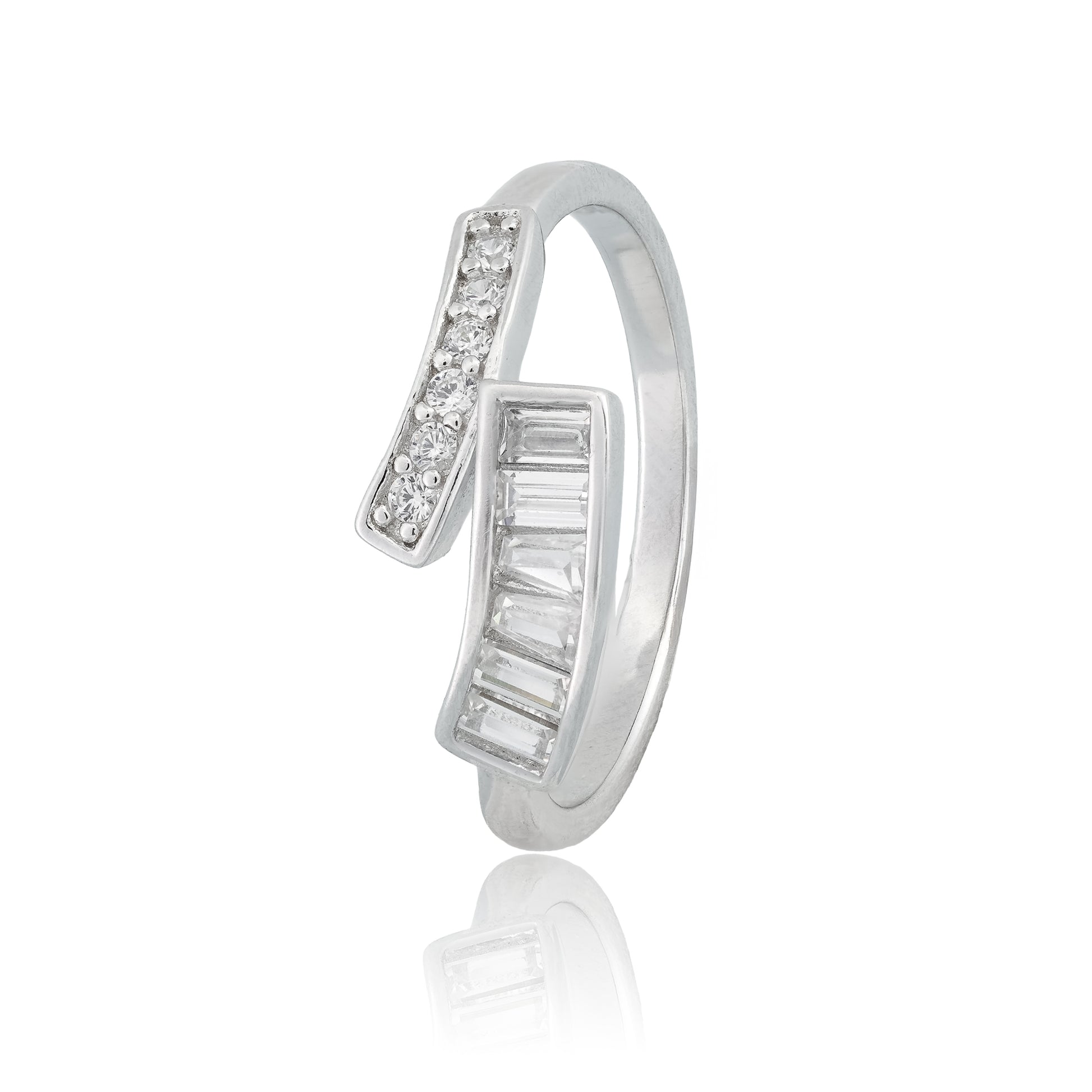 Sculpted Crystal Bypass Silver ring with diamond accents