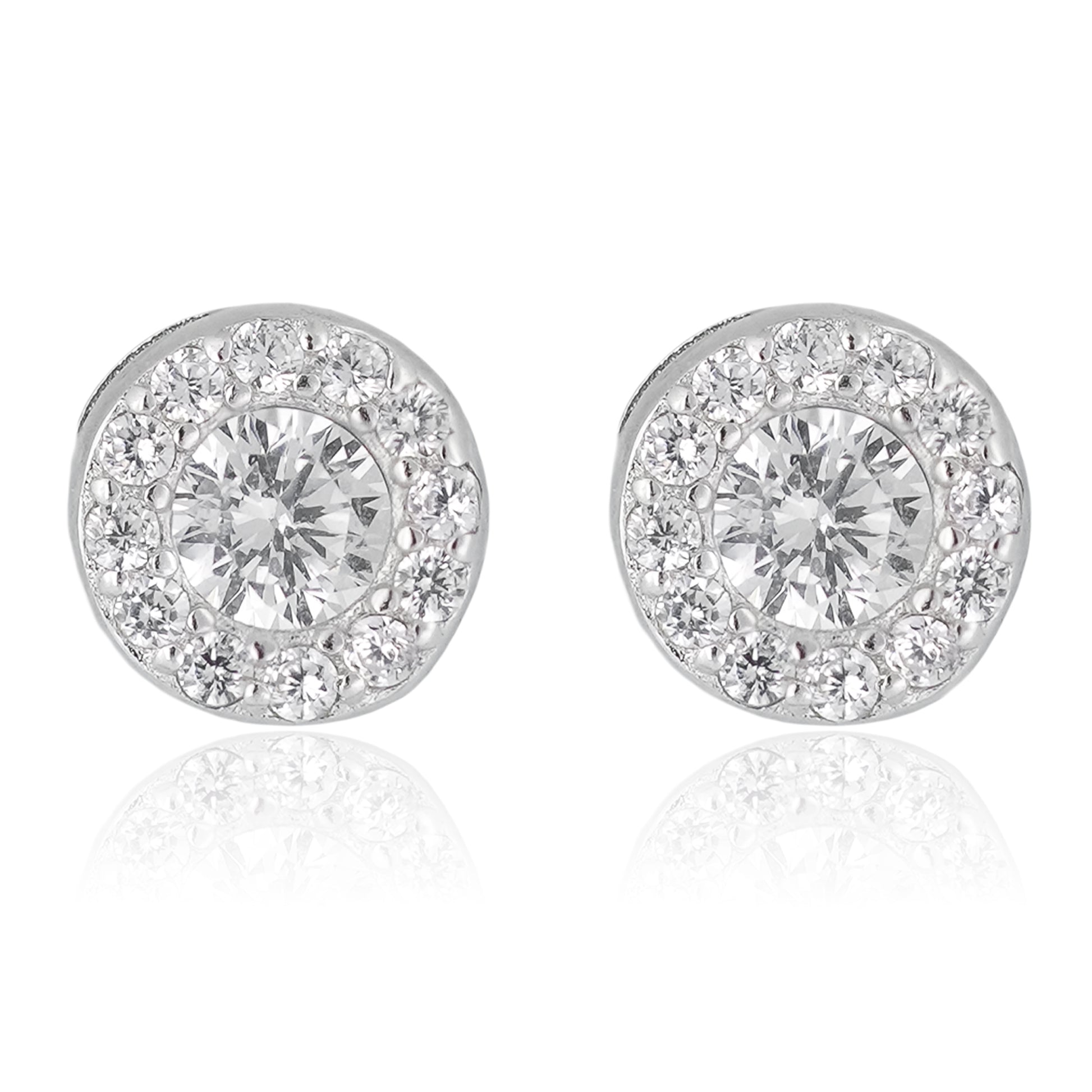 Close-up of the Celestia Halo Stud Earrings in sterling silver featuring a round-cut center stone surrounded by a crystal halo, displayed against a white background.