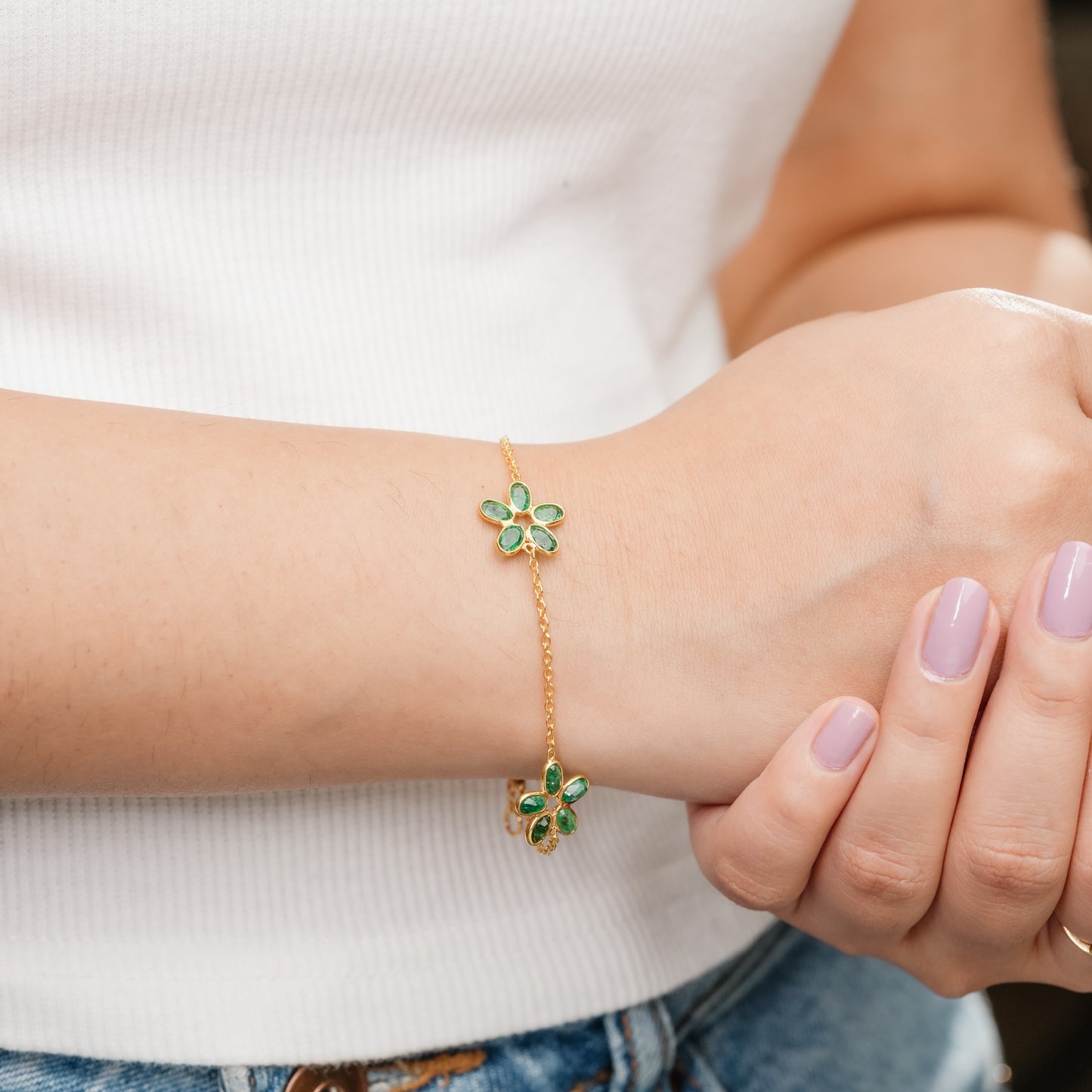 The Botanical Gardens Triple-Flower Emerald 18kt Gold Plated Sterling Silver Bracelet | Made to Order