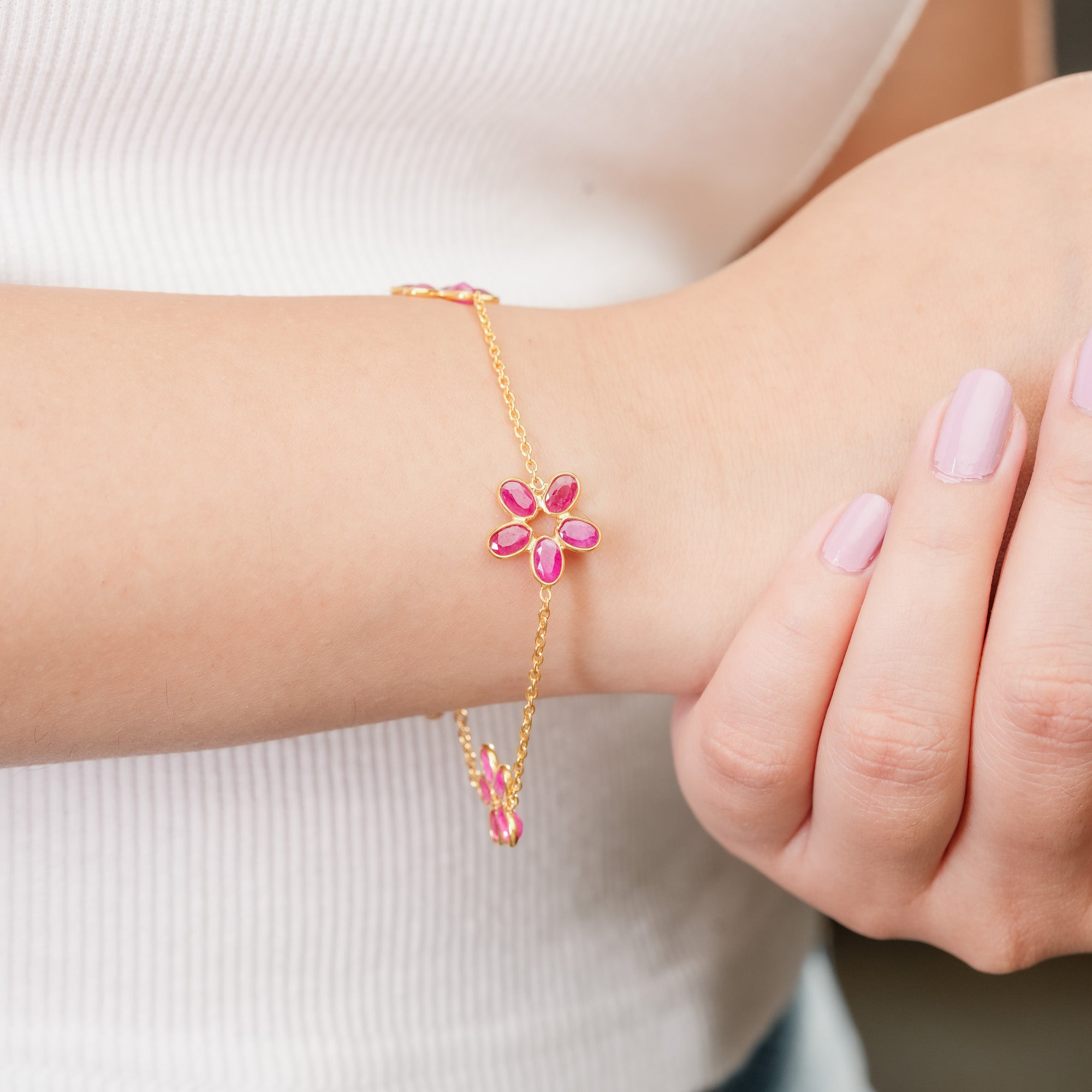 The Rose Gardens Triple-Flower Ruby 18kt Gold Plated Sterling Silver Bracelet| Made to Order