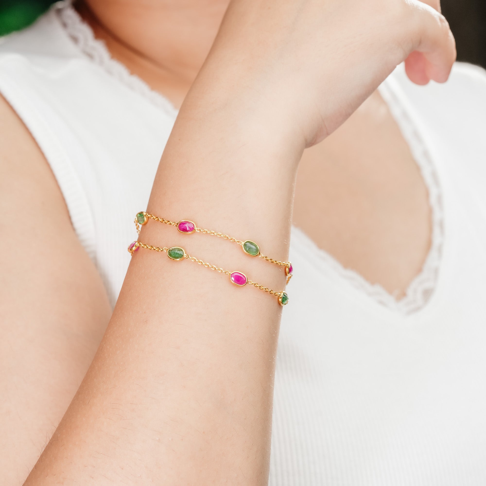 The Royal Dynasty Dual-Layer Ruby & Emerald 18kt Gold plated Sterling Silver Bracelet