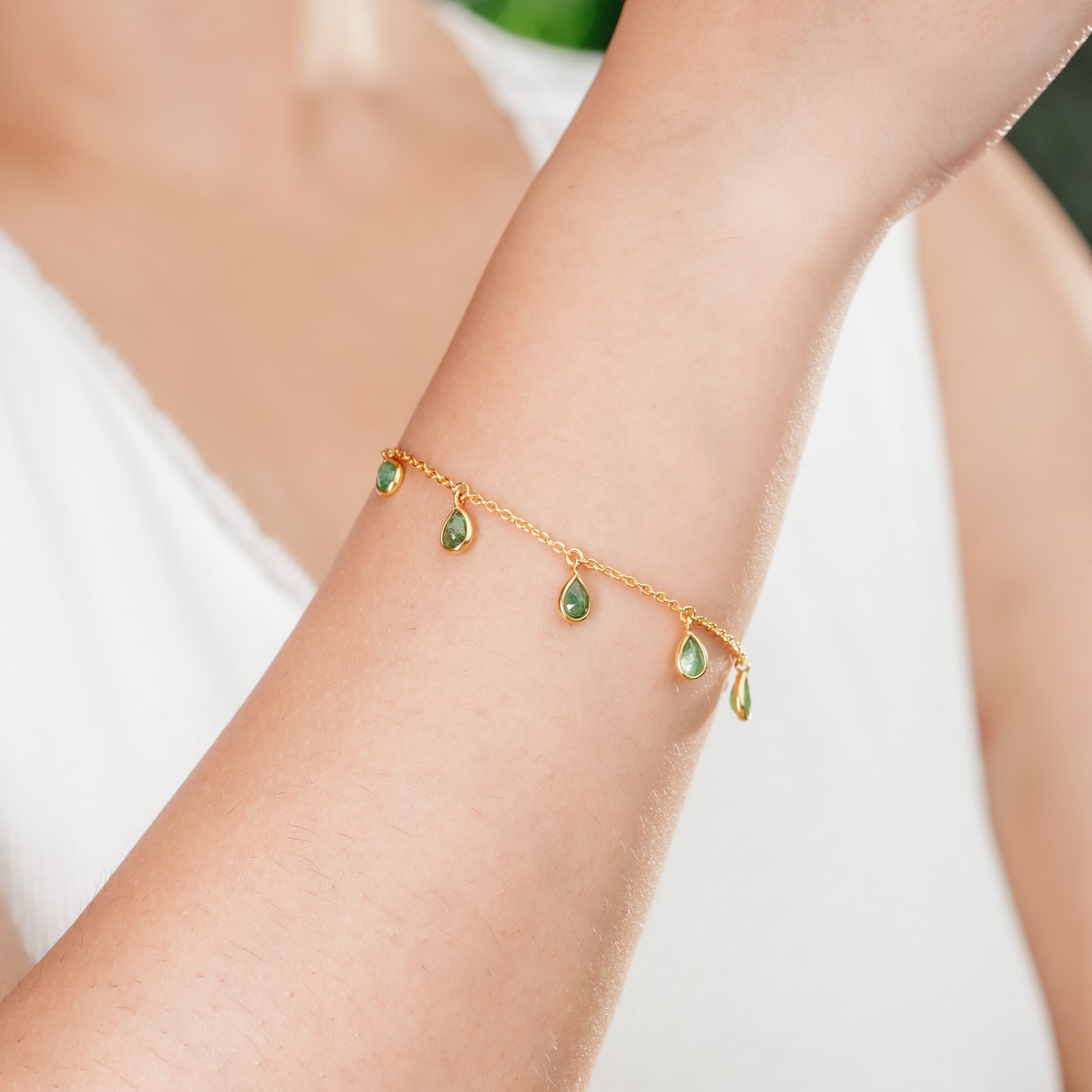 The Verdant Cascade Single-Layer Emerald 18kt Gold Plated Sterling Silver Bracelet