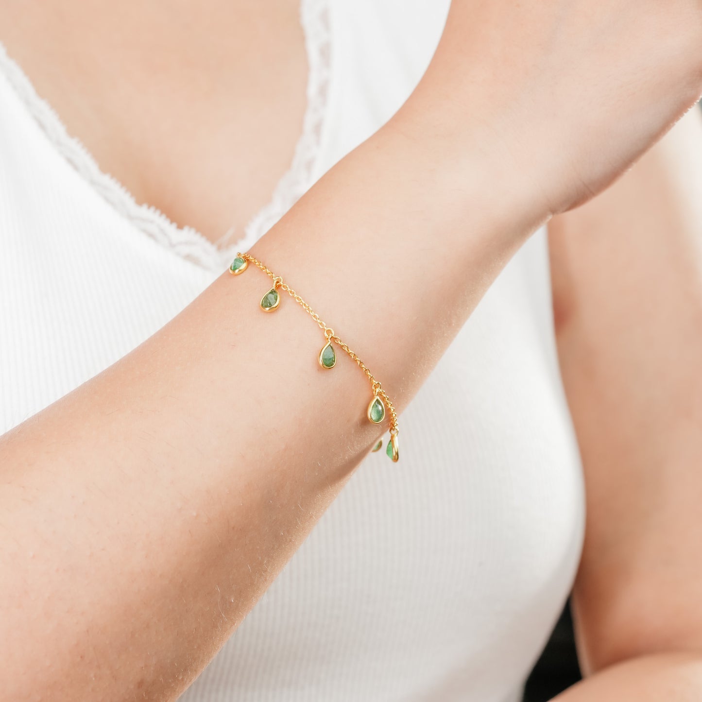 The Verdant Cascade Single-Layer Emerald 18kt Gold Plated Sterling Silver Bracelet