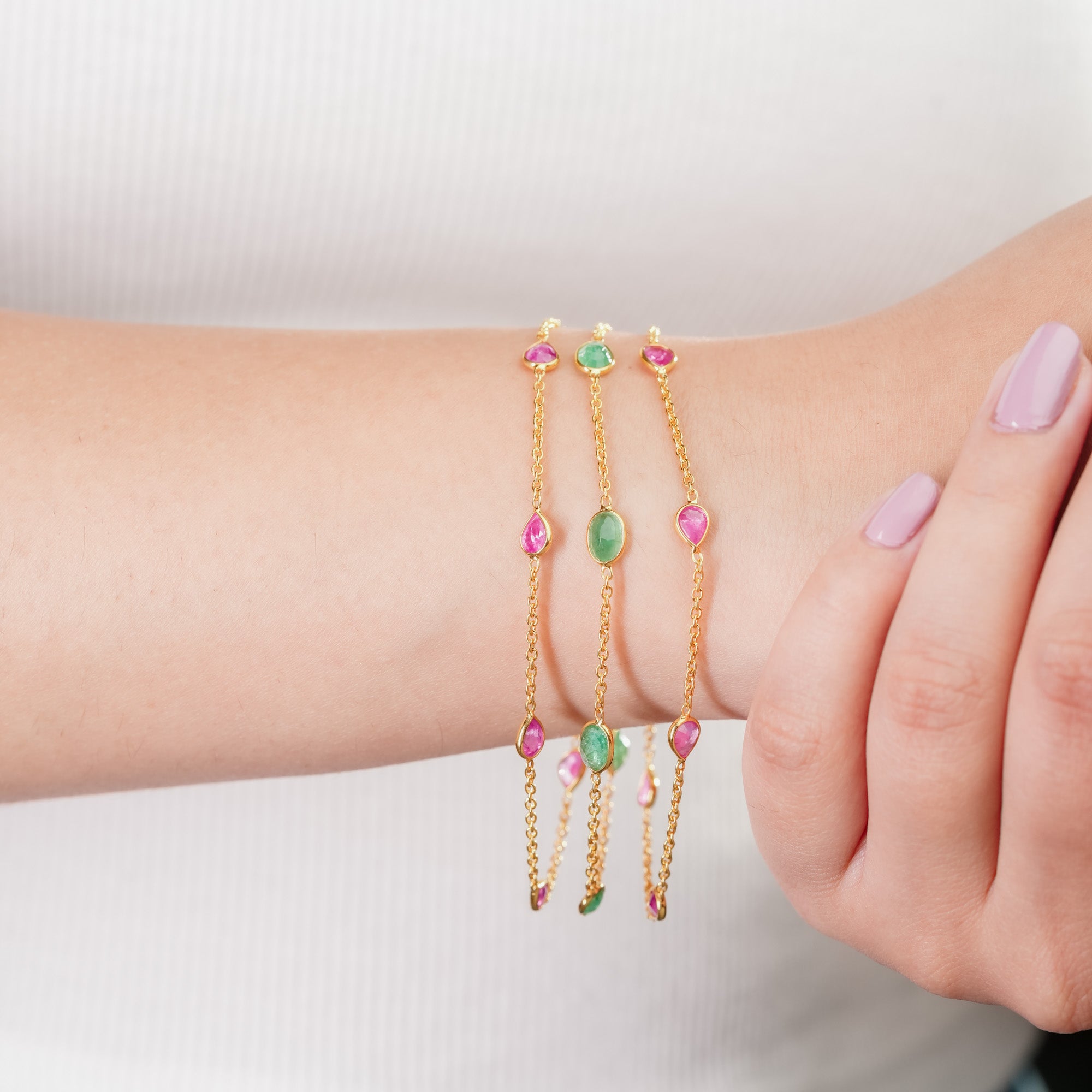 The Royal Trinity Layered Bracelet - Ruby Emerald Three Layer Natural Gemstone 18kt Gold Plated Sterling Silver