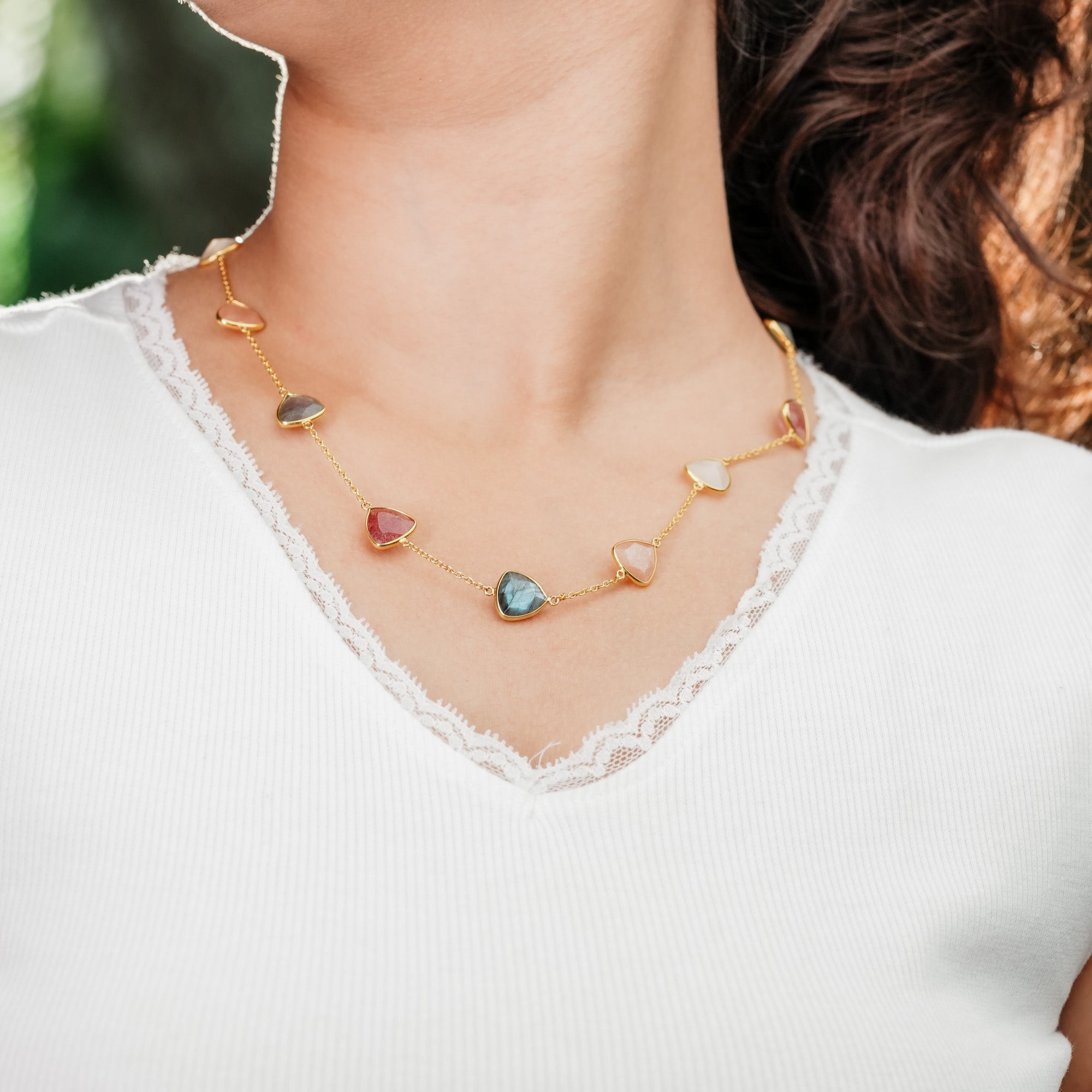 The Celestial Quartet Necklace - Strawberry Quartz Moonstone Labradorite Trillion Cut 18kt Gold Plated Sterling Silver