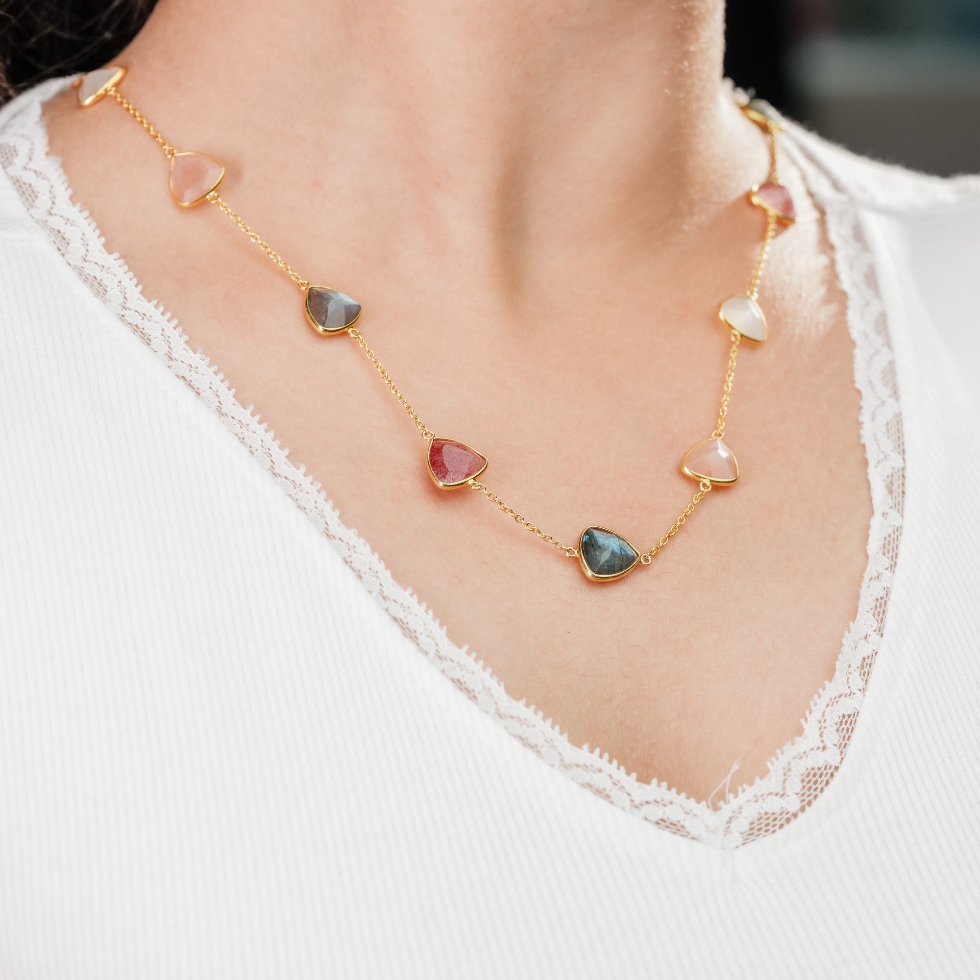 The Celestial Quartet Necklace - Strawberry Quartz Moonstone Labradorite Trillion Cut 18kt Gold Plated Sterling Silver