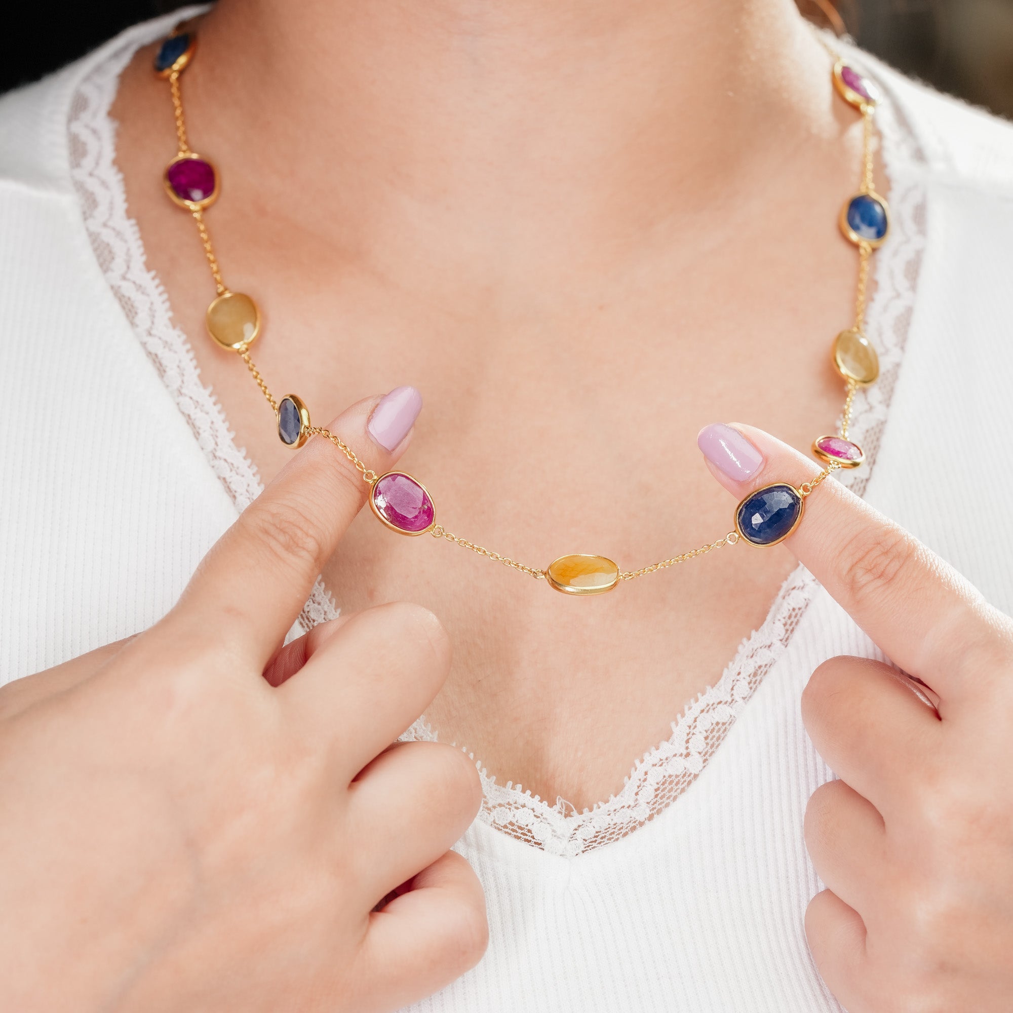 The Trinity Royal Gemstone Chain - Ruby Yellow Sapphire Blue Sapphire 18kt Gold Plated Sterling Silver