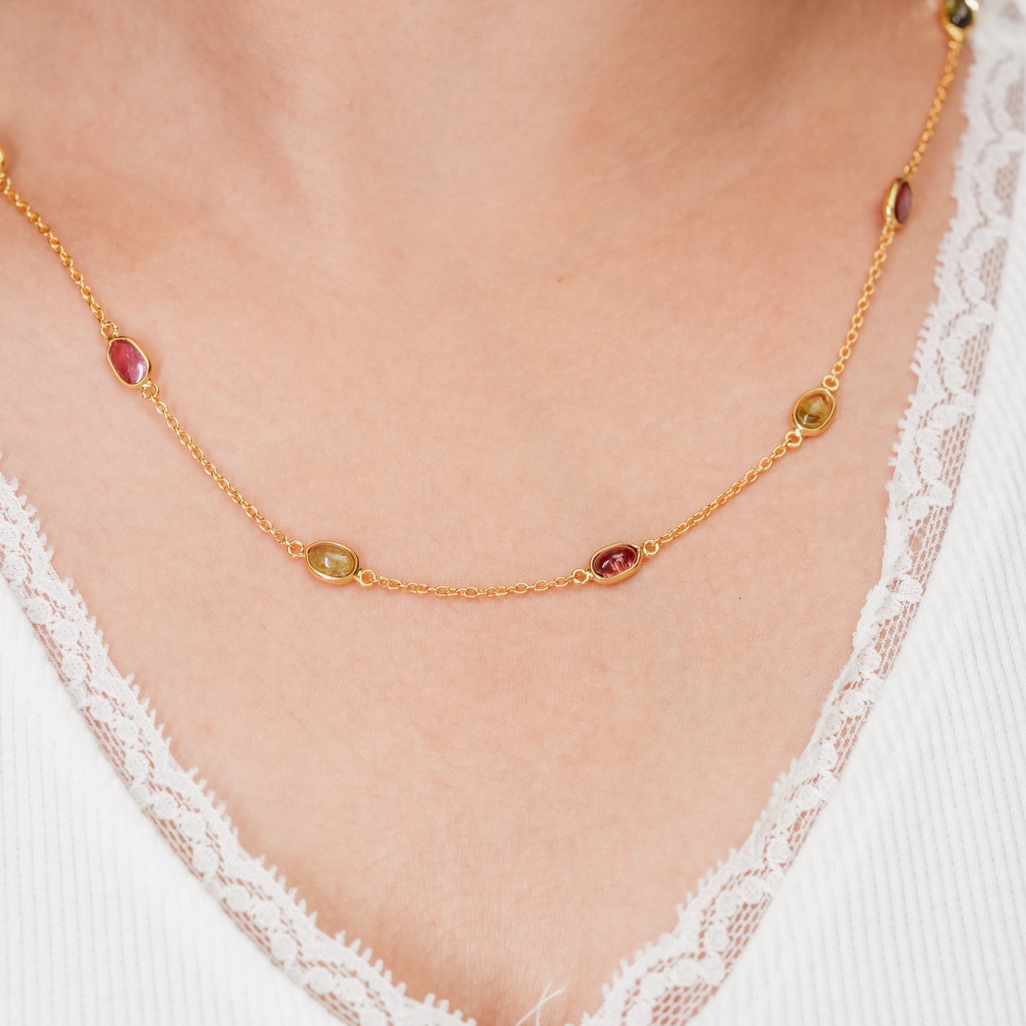 The Tourmaline Spectrum Chain - Pink Rubellite Olive Verdelite Cabochon 18kt Gold Plated Sterling Silver