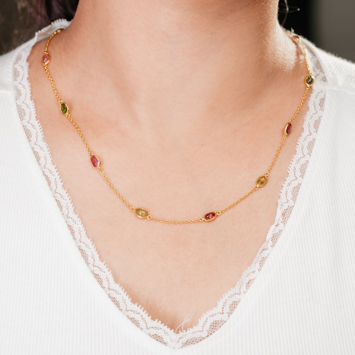 The Tourmaline Spectrum Chain - Pink Rubellite Olive Verdelite Cabochon 18kt Gold Plated Sterling Silver