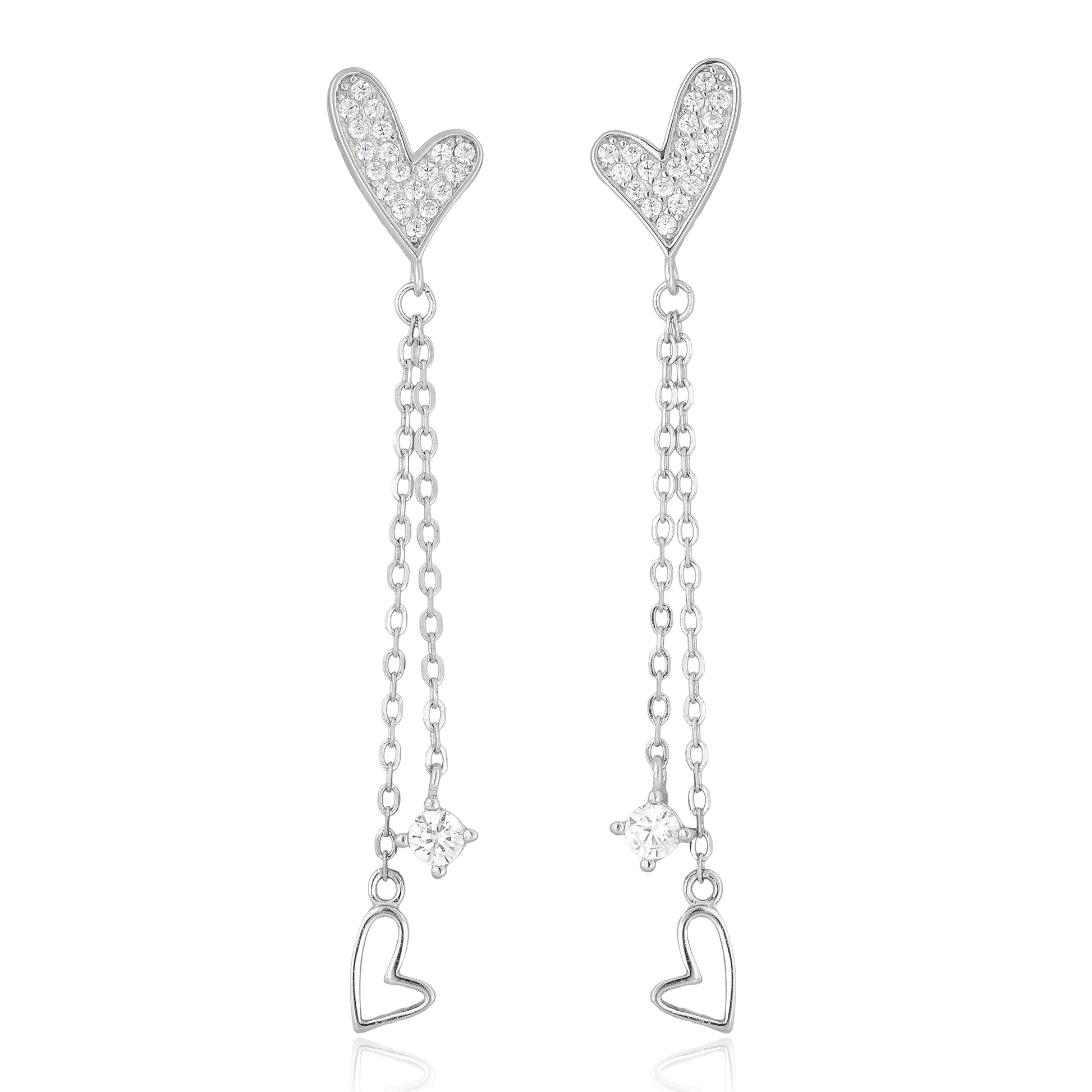 Front view of sterling silver Double Heartfall earrings featuring asymmetrical heart studs, twin chain drops, and open-heart charms with cubic zirconia accents.