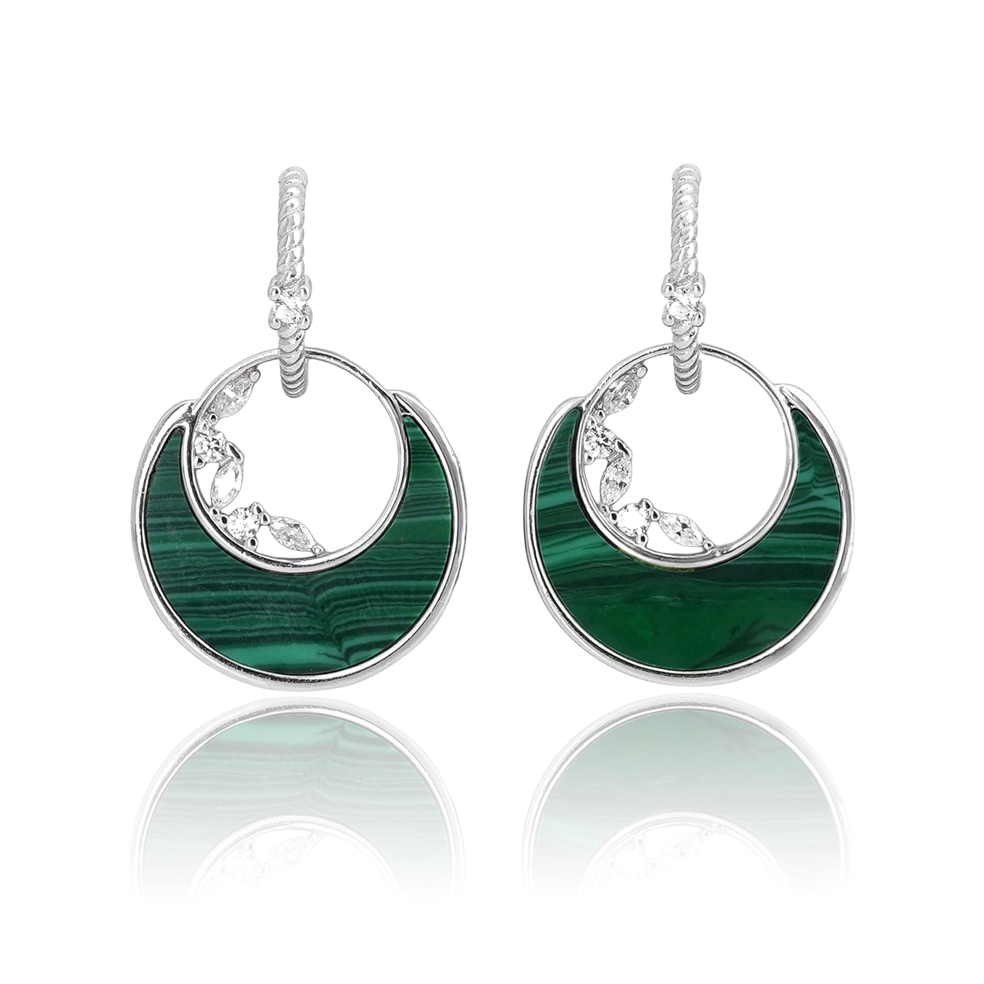 Circular malachite earrings with silver hoops and crescent CZ accents, displayed on a clean background.