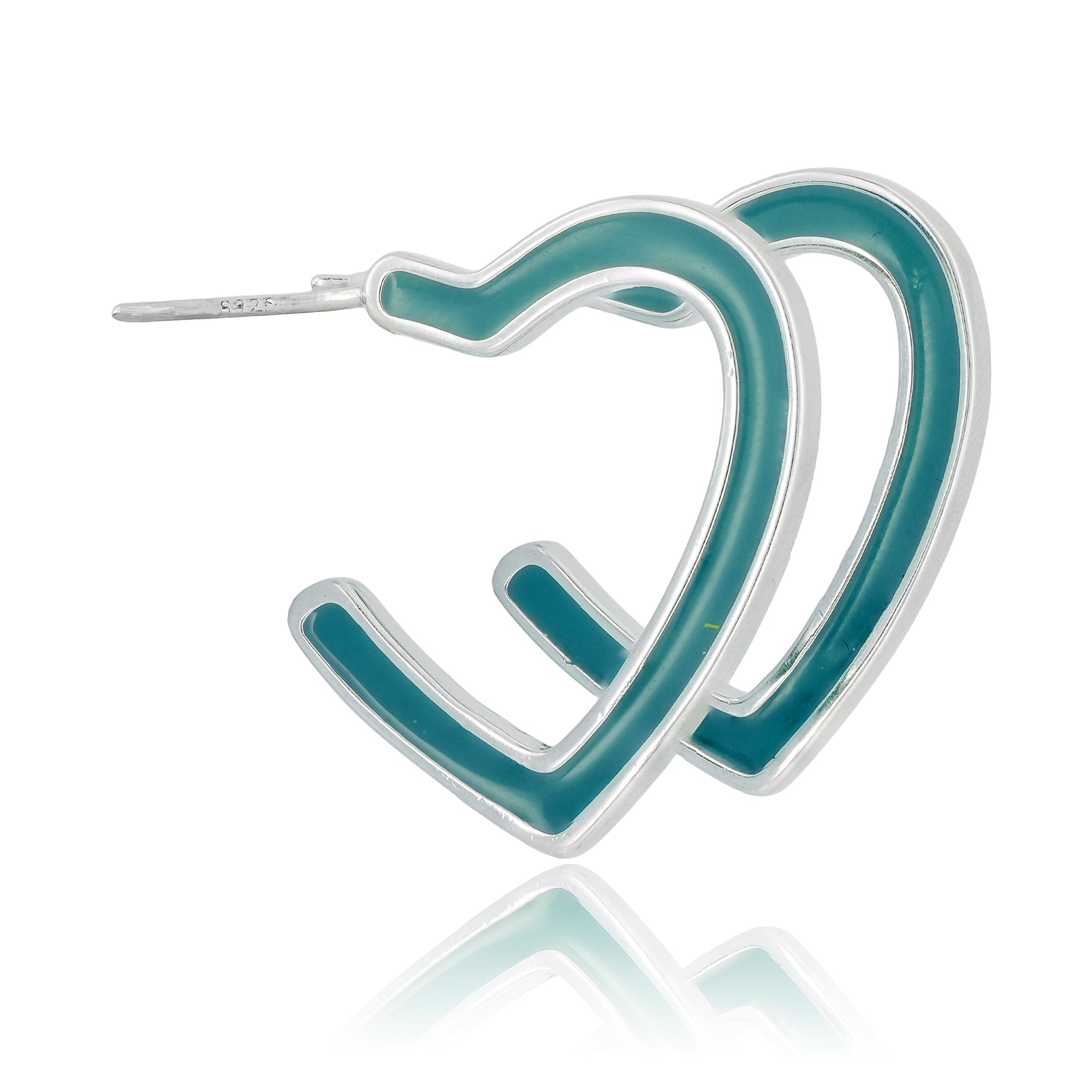 Close-up of Electric Enamel Heart Hoop Earrings featuring open heart-shaped hoops with glossy Teal enamel on a polished silver-toned base.