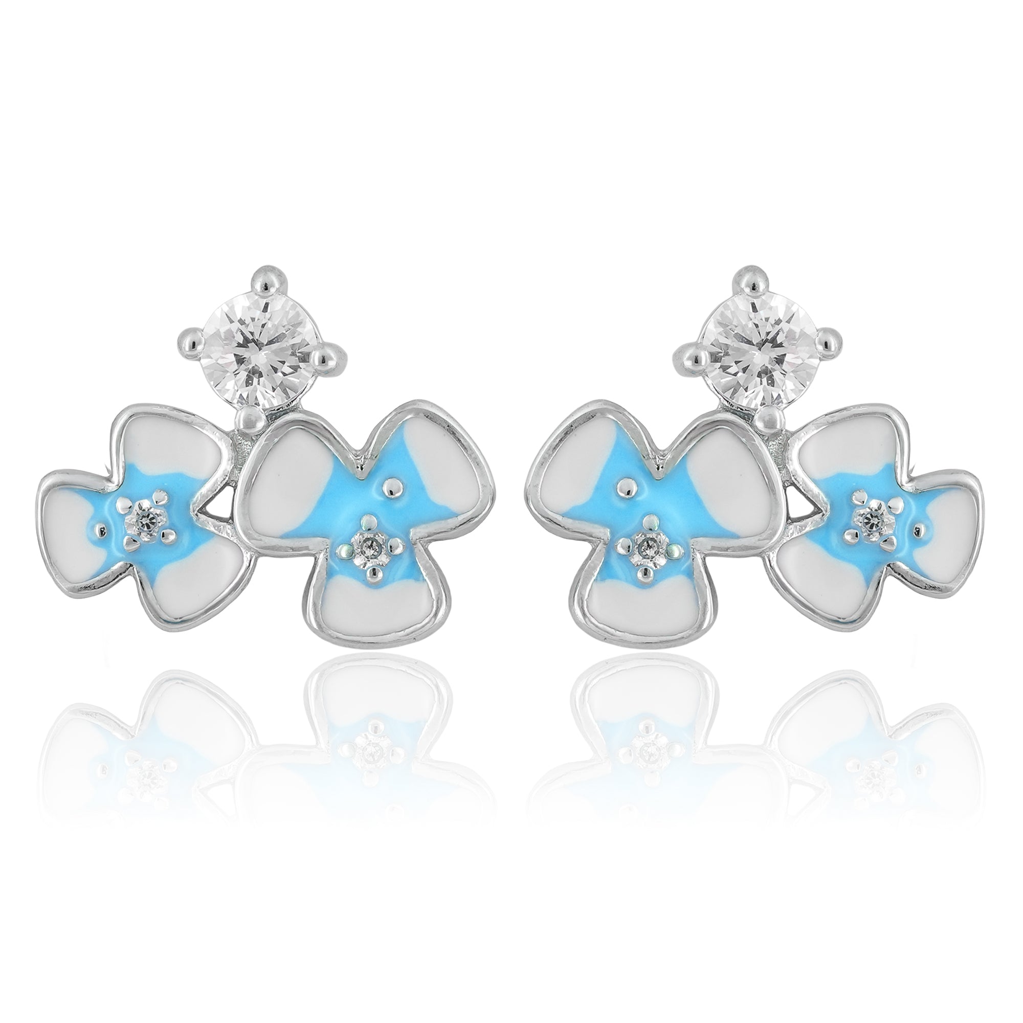 Silver-tone stud earrings with icy blue enamel petals and cubic zirconia center displayed on a minimal background.