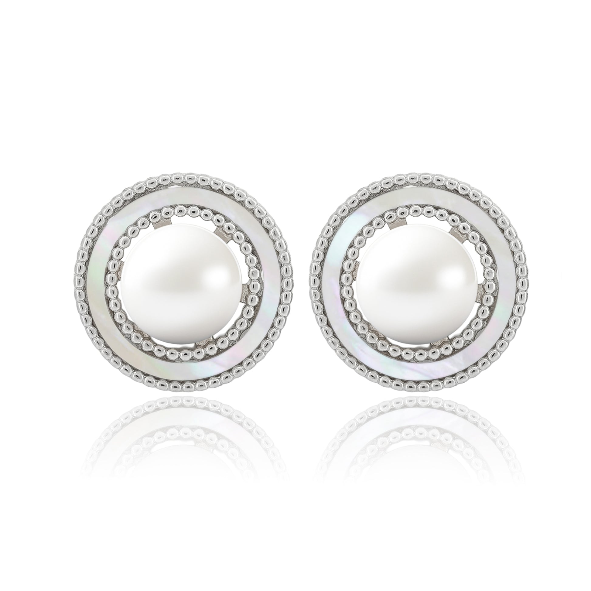 Sterling silver stud earrings with mother-of-pearl accents and central pearl cabochon, displayed on a clean background.