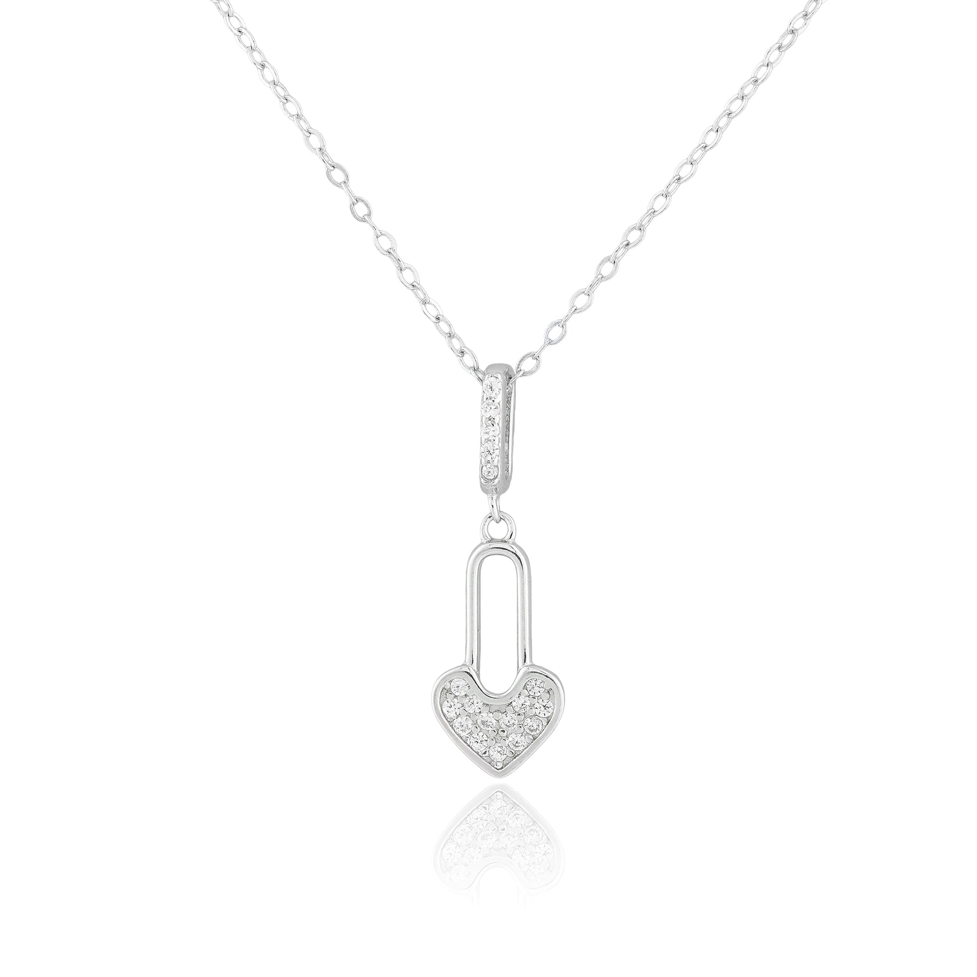 Close-up of the Heart Lock Pendant Necklace featuring a sterling silver heart-shaped padlock with pavé-set stones on a delicate chain.