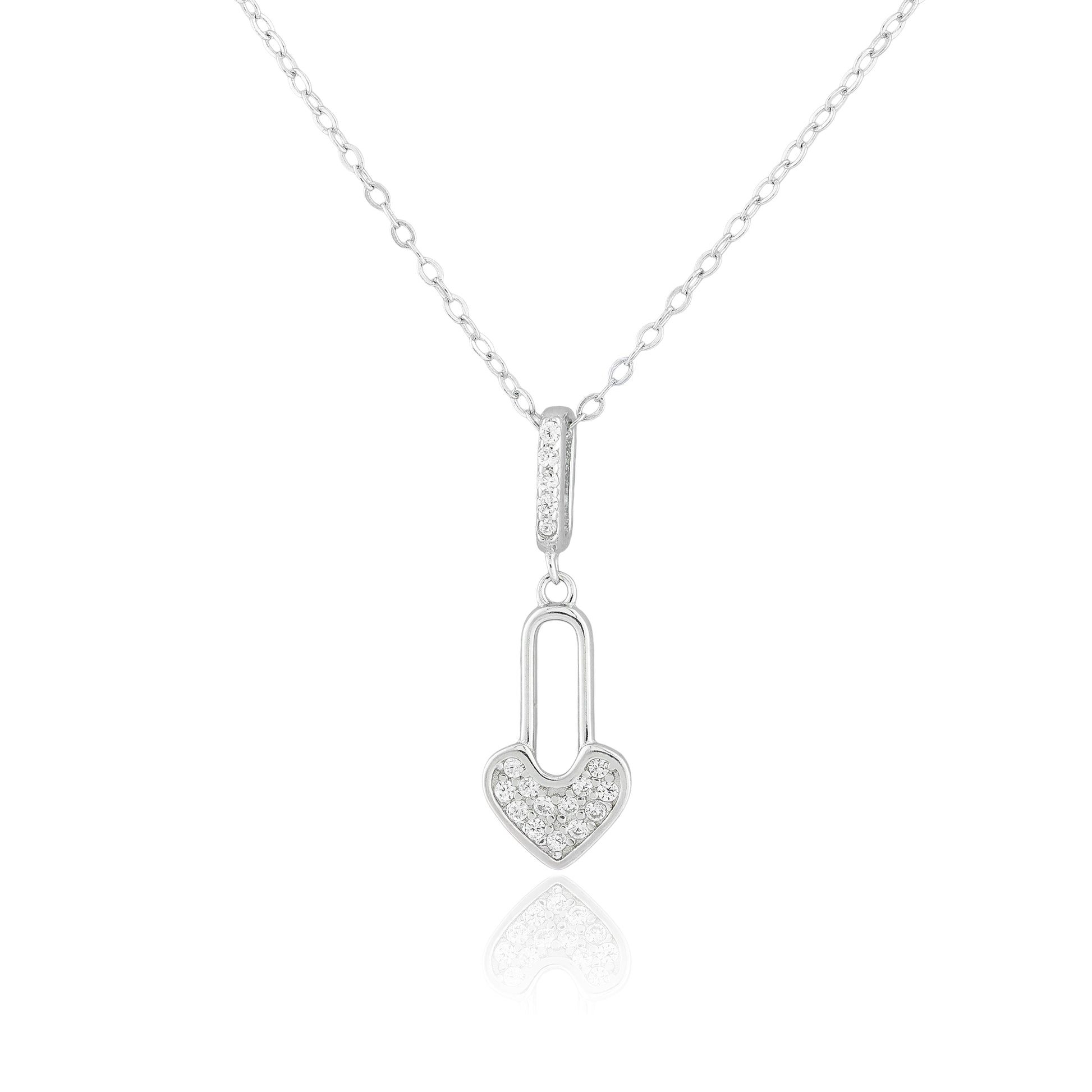 Close-up of the Heart Lock Pendant Necklace featuring a sterling silver heart-shaped padlock with pavé-set stones on a delicate chain.
