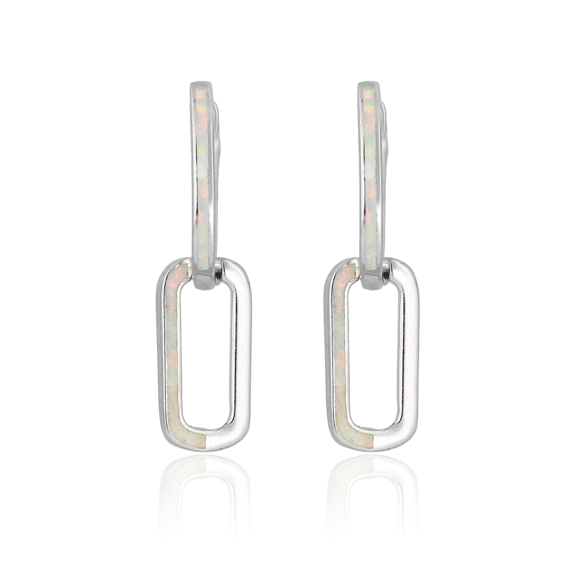 Close-up of Iridescent Link Hoop Earrings crafted in 925 sterling silver with opal-like inlay and minimalist hoop-link design.