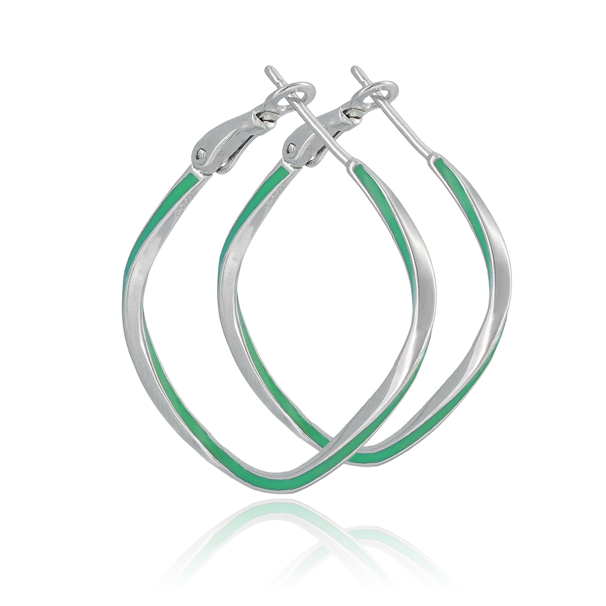 Polished silver hoop earrings with a sculptural twist and lagoon green enamel accent, displayed on a clean background.
