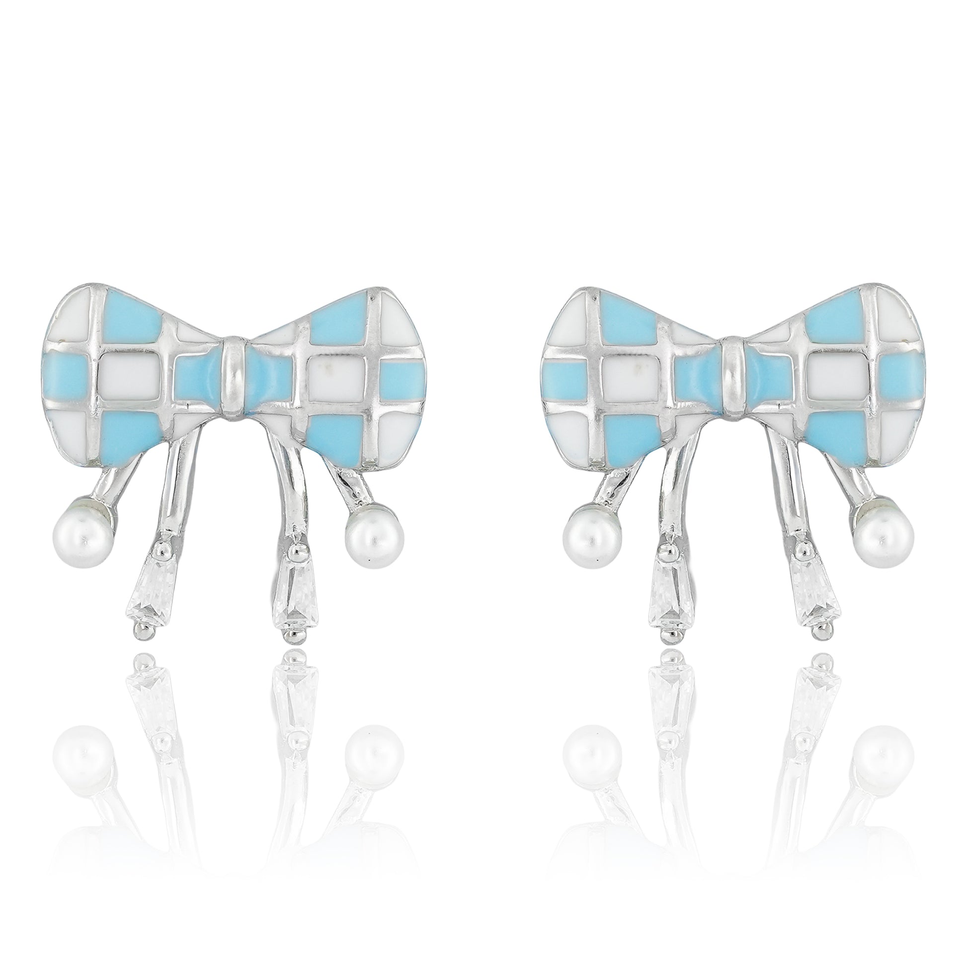 Bow-shaped lilac plaid enamel earrings with dangling chains and pearls displayed on a soft background.