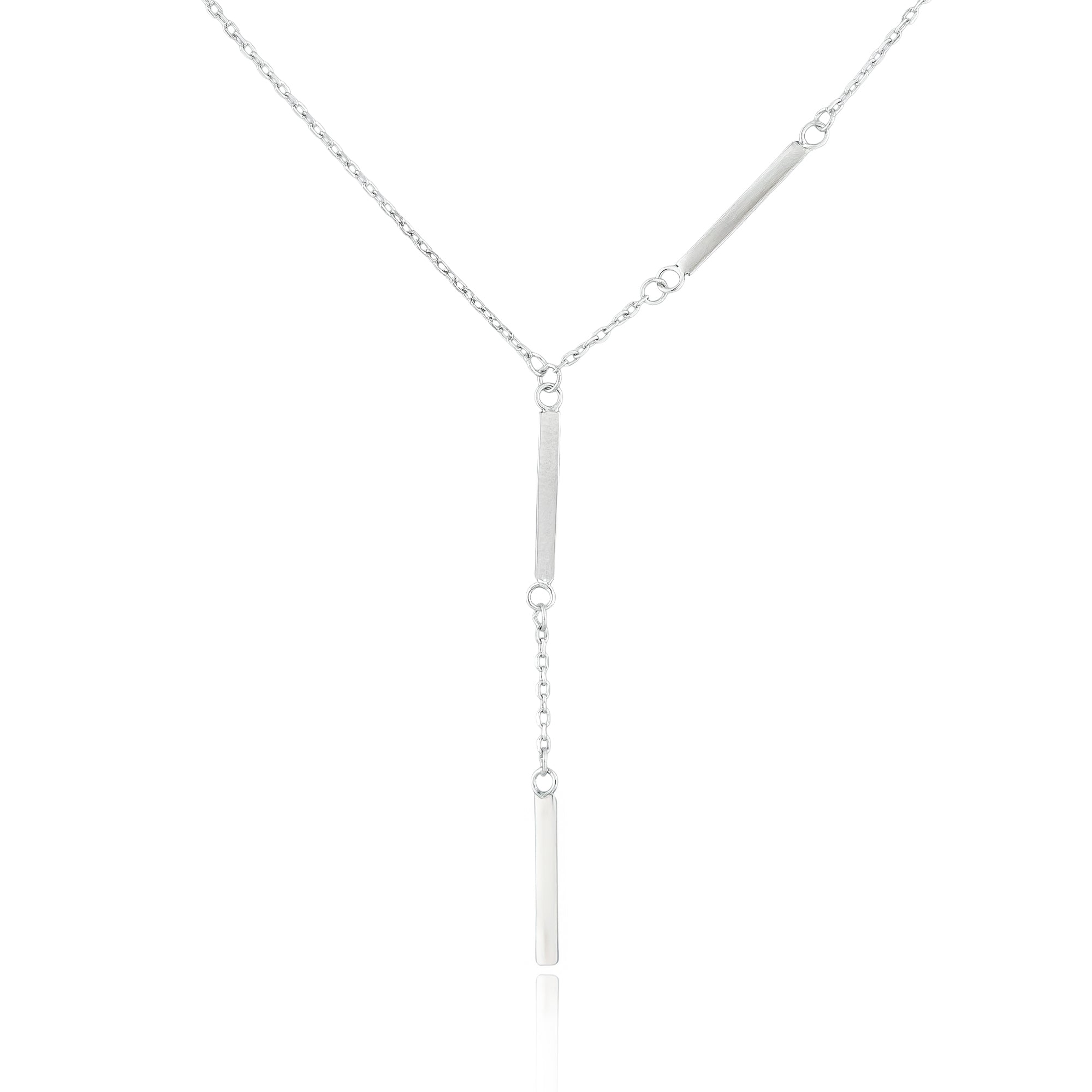 Close-up of the Linear Drop Necklace in sterling silver featuring vertical bar elements on a fine lariat chain.