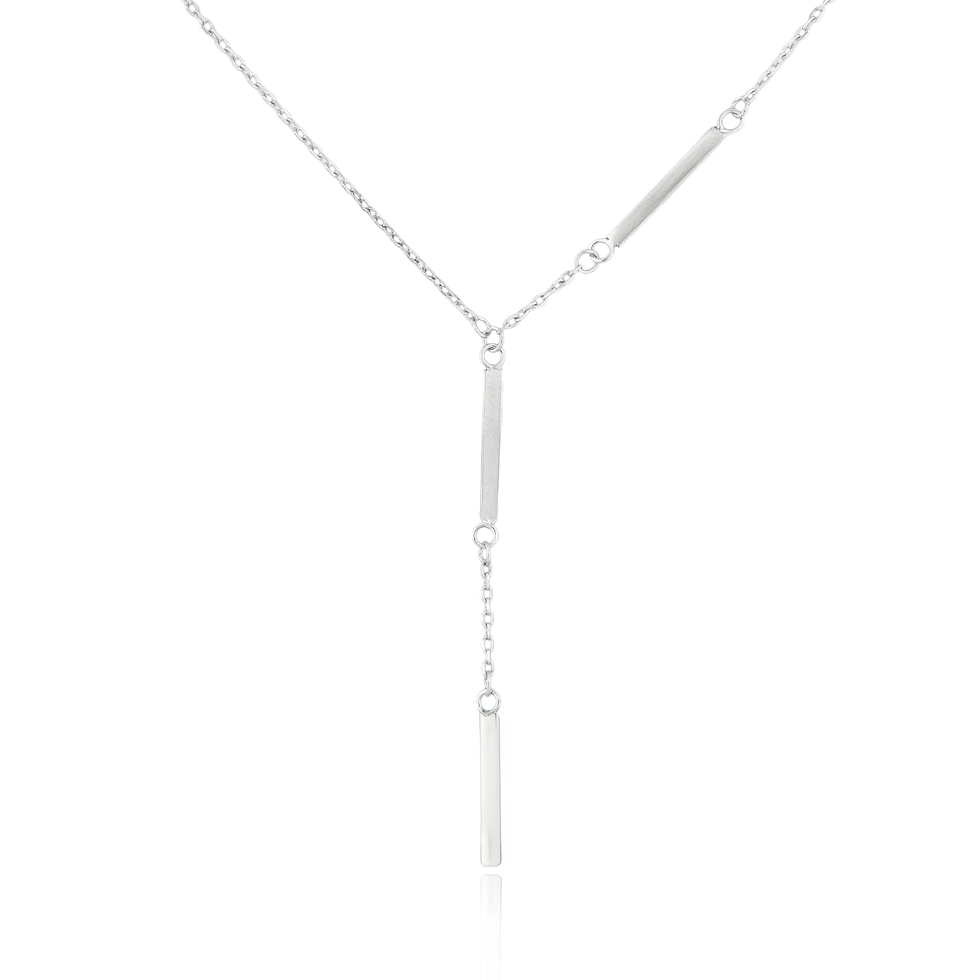 Close-up of the Linear Drop Necklace in sterling silver featuring vertical bar elements on a fine lariat chain.