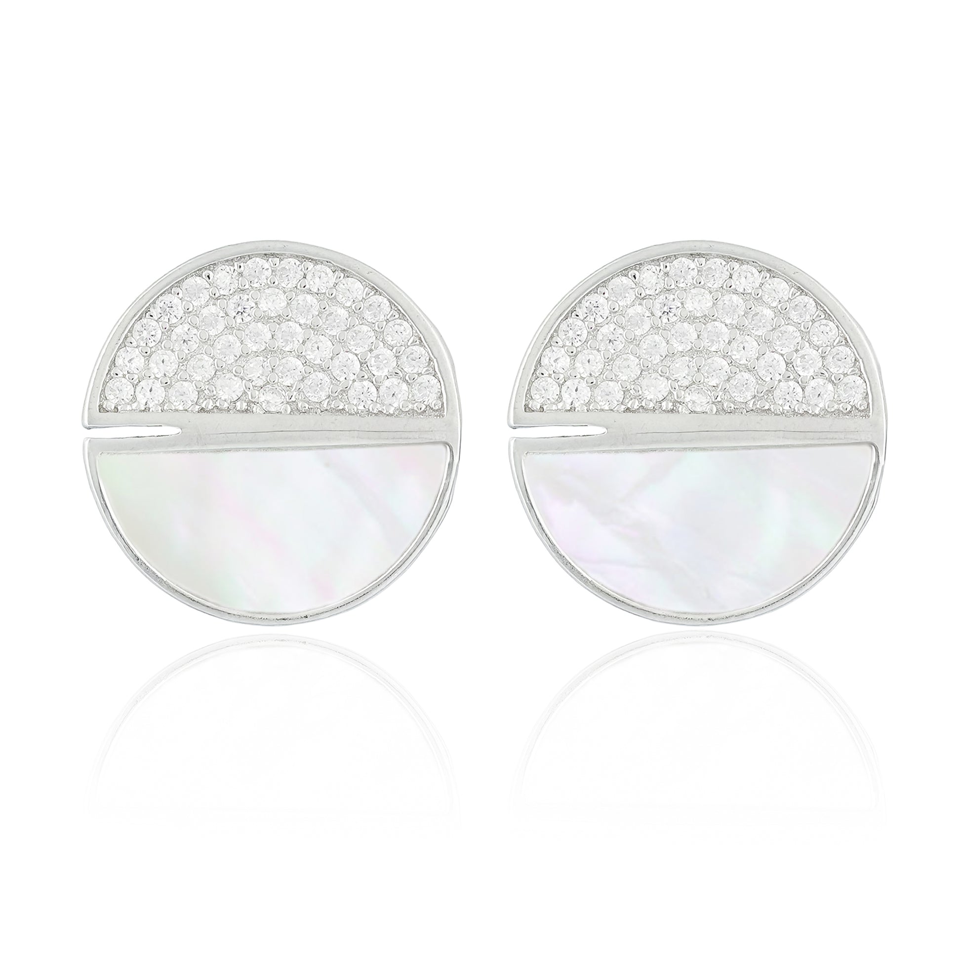 Circular stud earrings with half CZ stones and half mother-of-pearl in a silver finish.