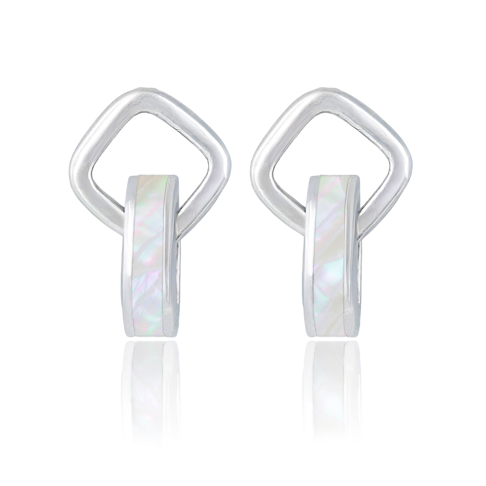 Sterling silver earrings with diamond link and mother-of-pearl inlay hoop, displayed on a clean background.