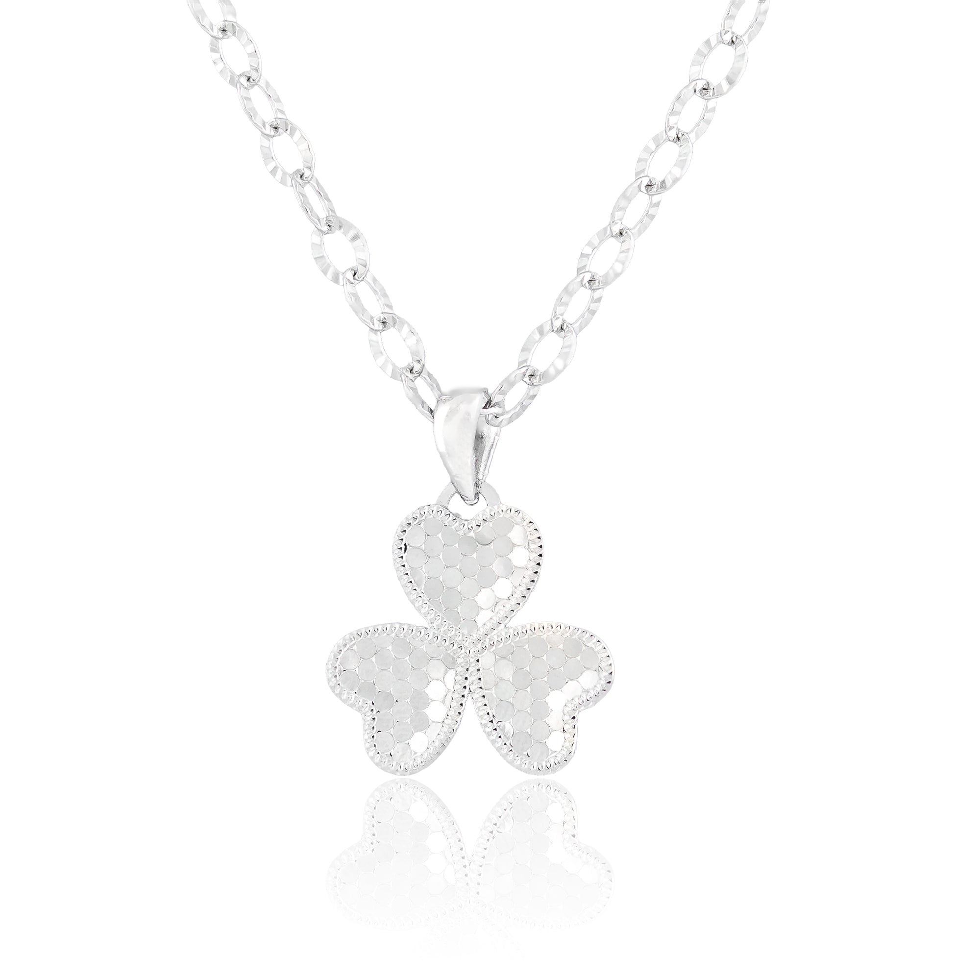 Close-up of the Lustrous Clover Pendant Necklace featuring a three-leaf clover design with honeycomb faceting and a high-polish sterling silver finish.