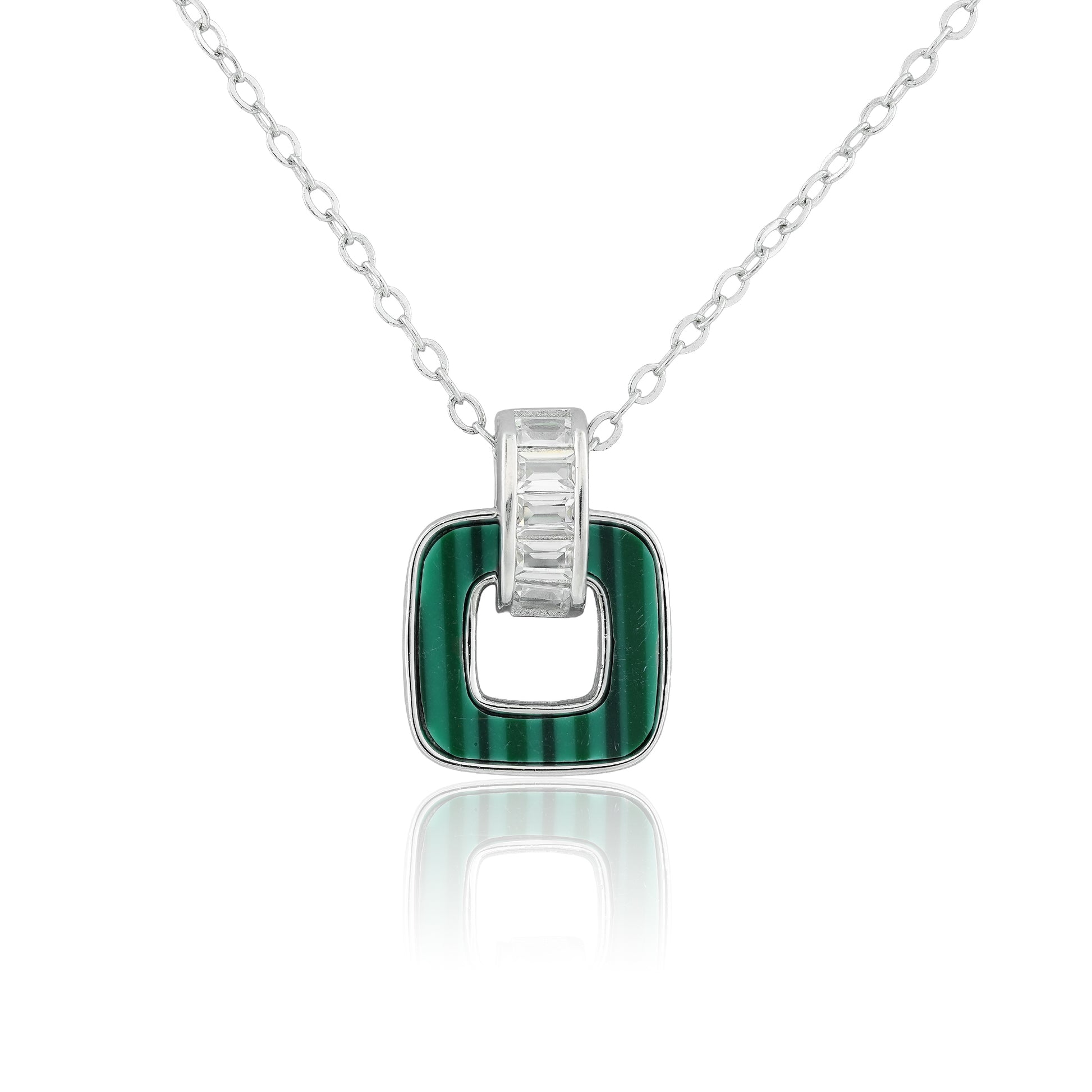 Close-up of the Malachite Square Necklace featuring a rounded square natural malachite stone inlaid pendant on a sterling silver chain.