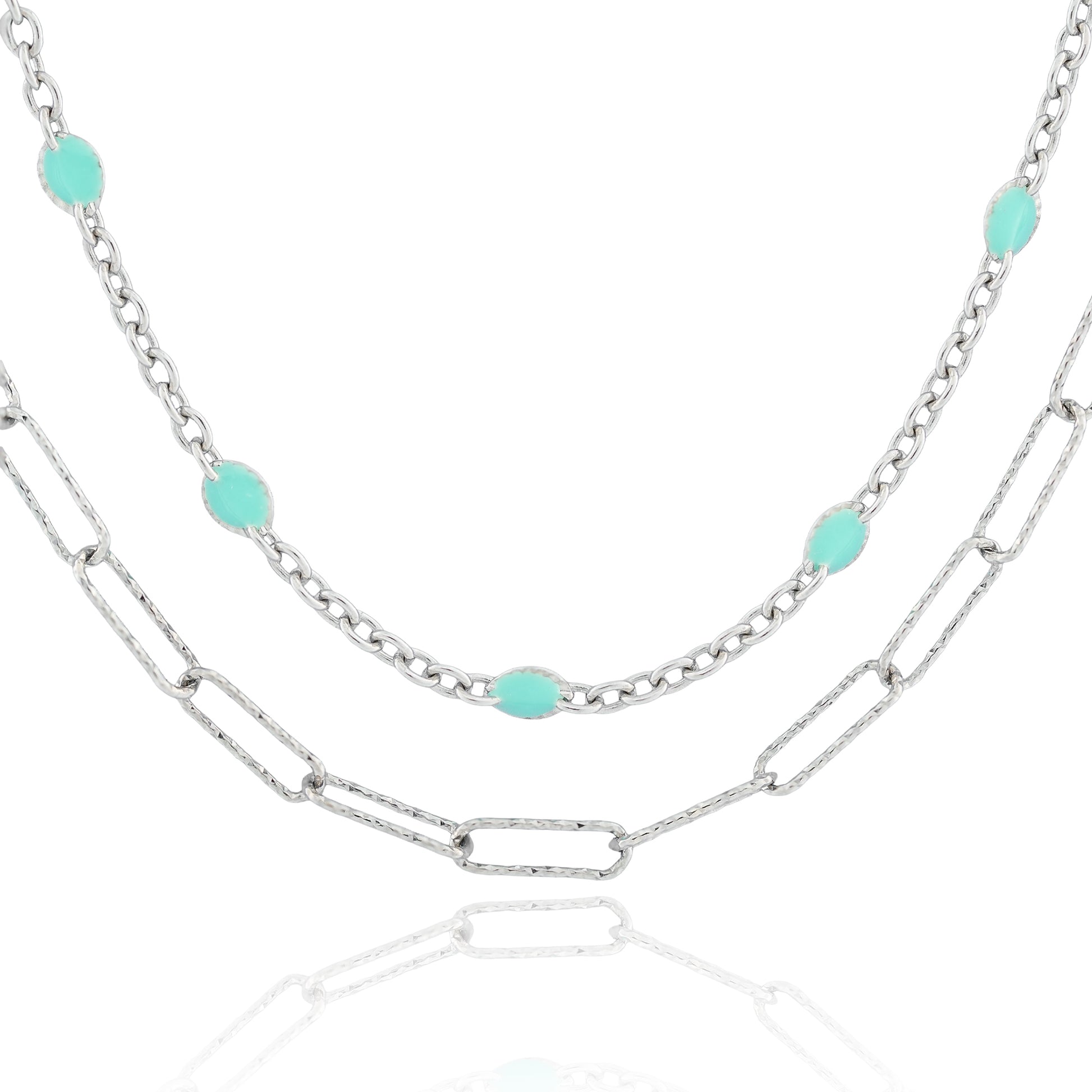 Close-up of the Meadow Mist Silver Chain featuring mint-green beaded accents on a fine chain and elongated silver links.