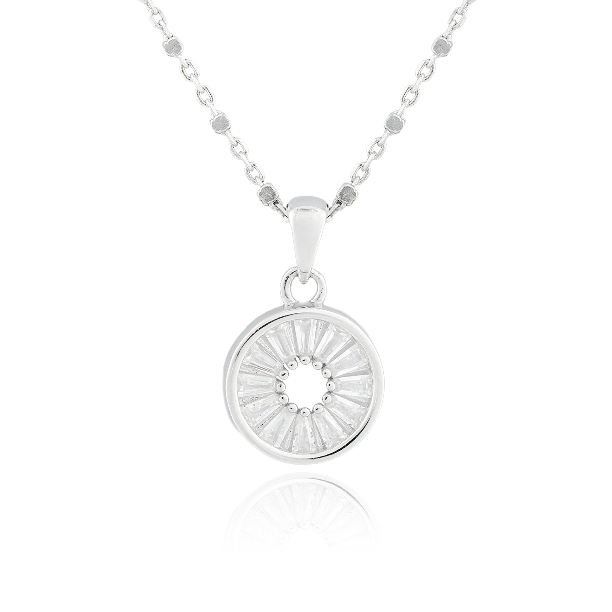 Close-up of the Moonveil Circle Pendant in sterling silver with a baguette-cut cubic zirconia sunburst design on a fine chain.