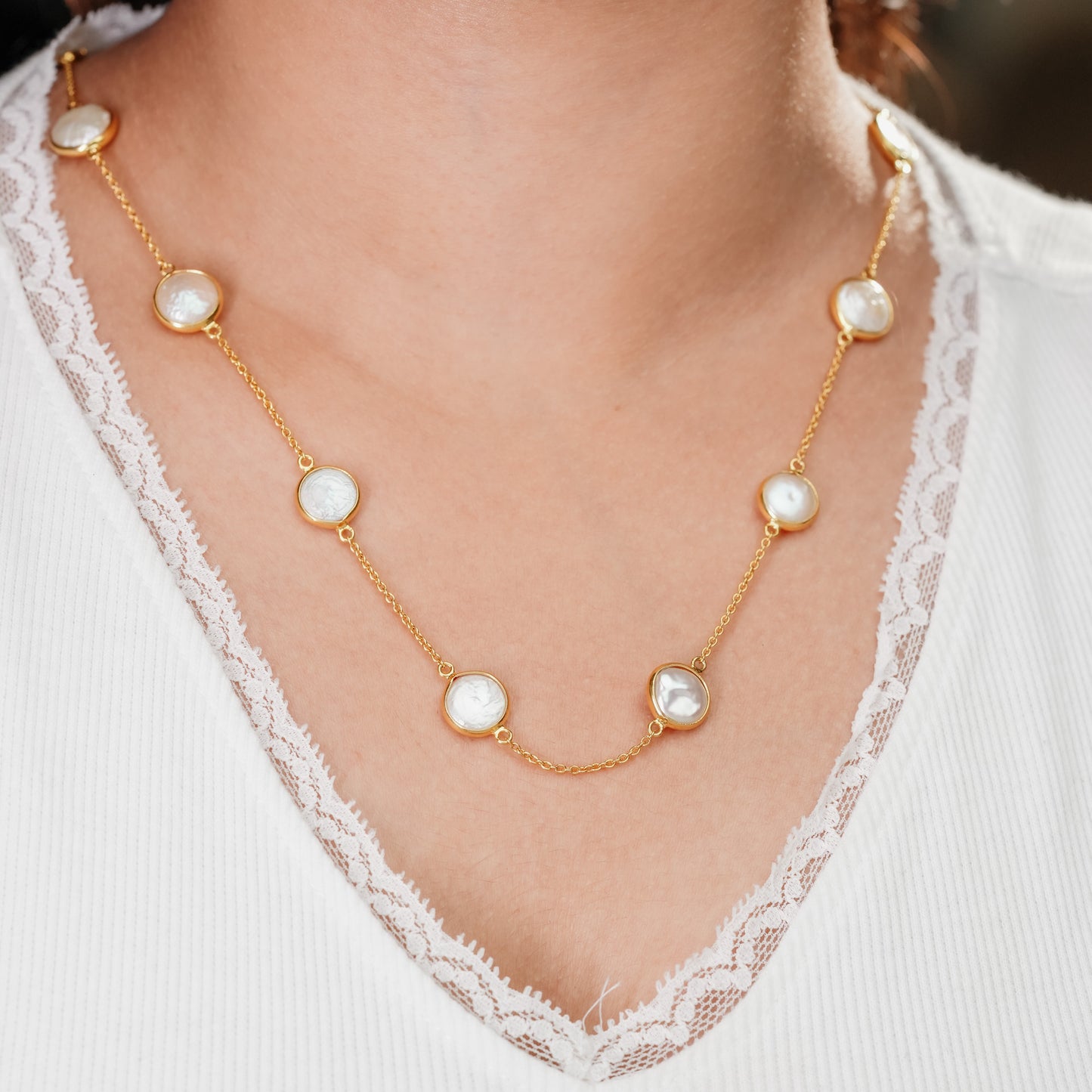 The Lumière Pearl Cascade Chain - Natural Freshwater Button Pearls 18kt Gold Plated Sterling Silver
