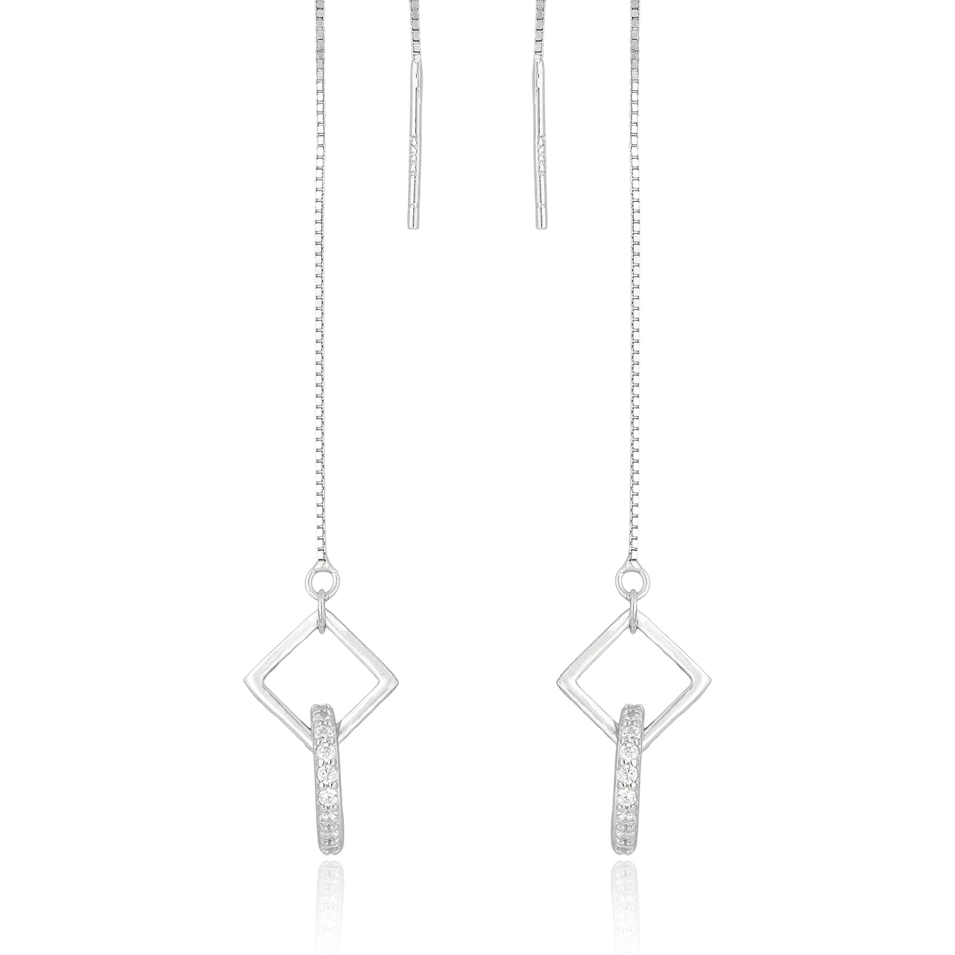 Front view of Nova threader earrings featuring a diamond-shaped frame with pavé-set cubic zirconia accents in sterling silver.