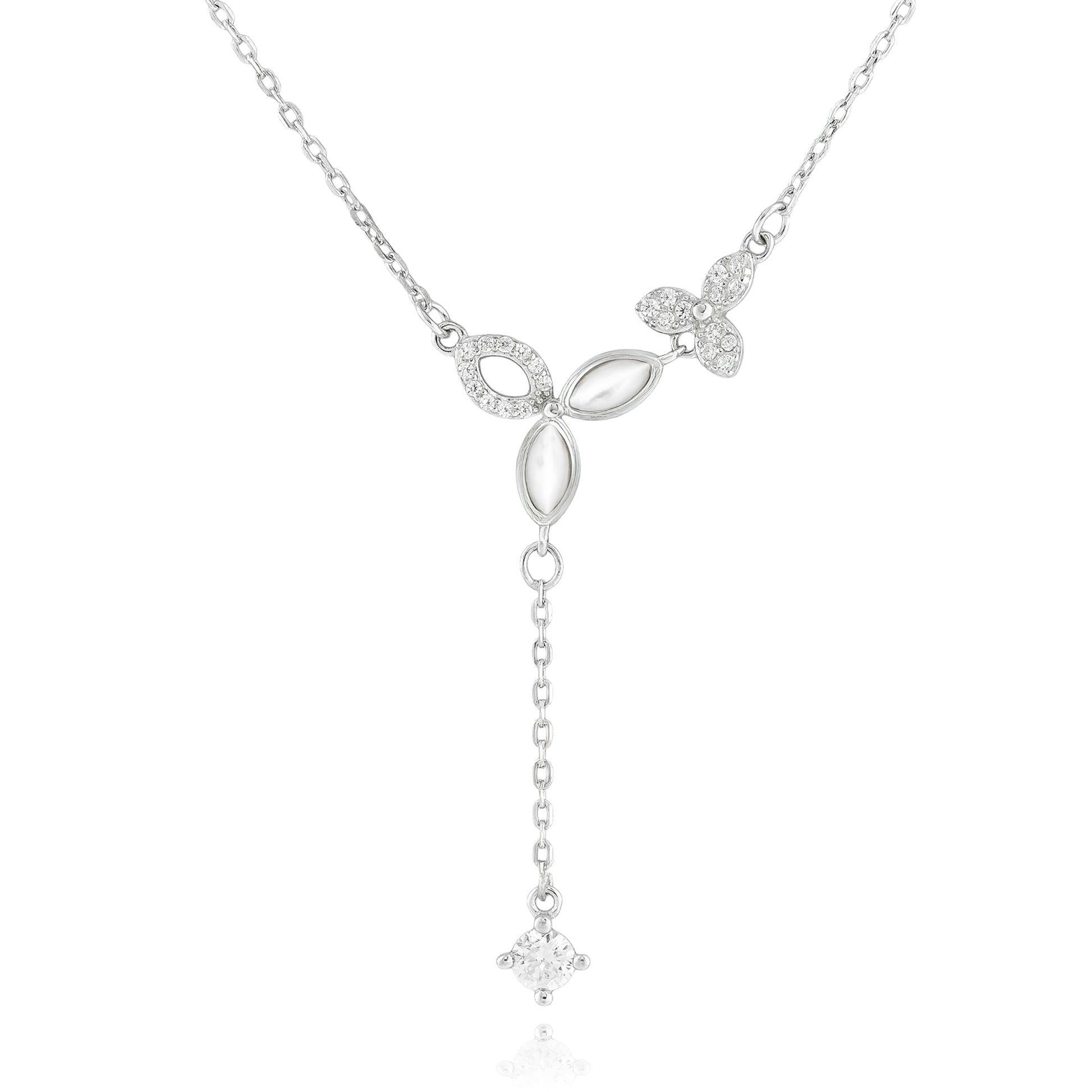 Close-up of the Petal Dew Necklace featuring marquise-petal motifs, pavé-set accents, and a dangling crystal drop in high-polish sterling silver.