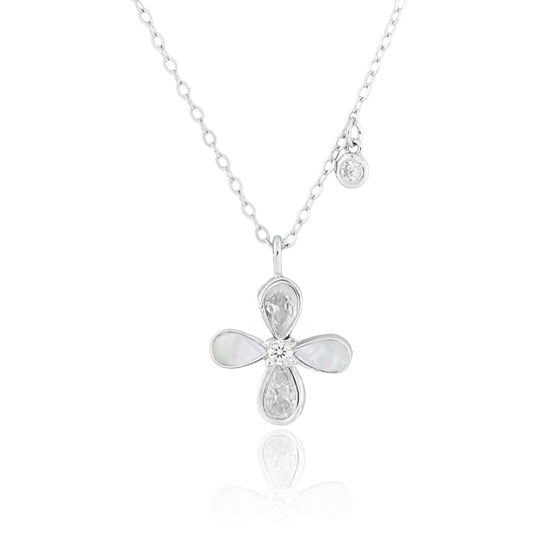 Close-up of the Petal Mist Pendant Necklace featuring a sterling silver four-petal flower pendant with mother-of-pearl inlays and a central crystal.