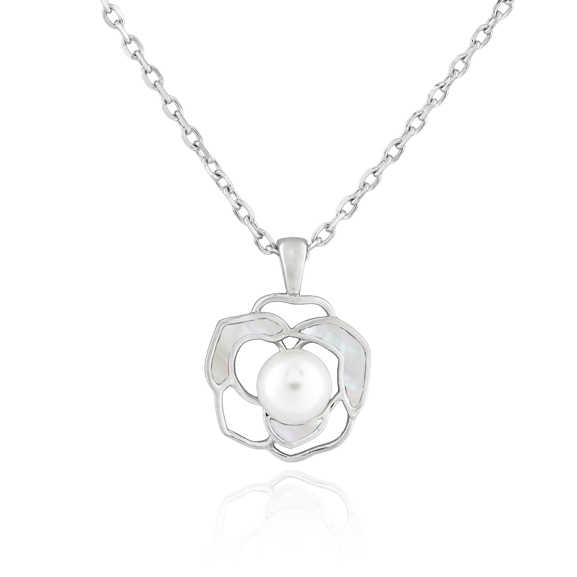 Close-up of the Petal Pearl Bloom Necklace featuring an openwork floral pendant with a central faux pearl on a polished silver-tone chain.