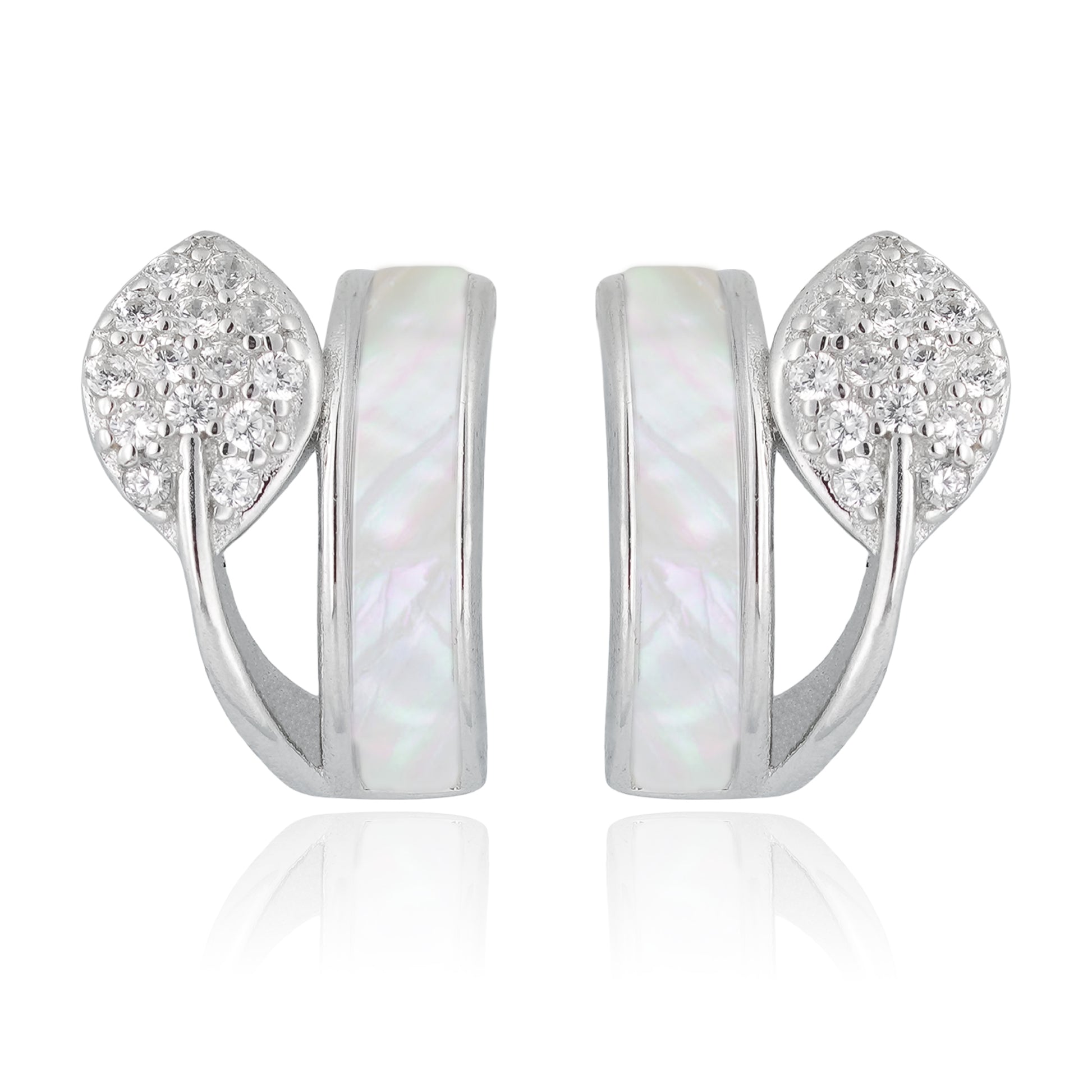 Front view of sterling silver huggie earrings with mother-of-pearl inlay and cubic zirconia leaf detailing on a clean background.