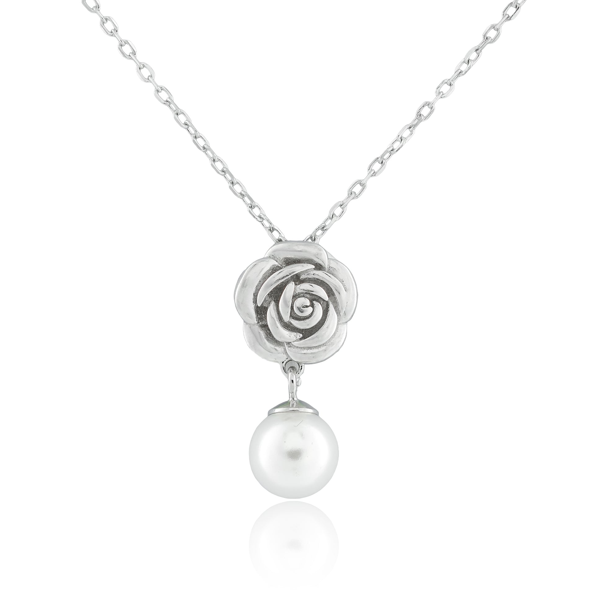 Sterling silver Rose Pearl Necklace with a detailed sculpted rose pendant and faux pearl drop.