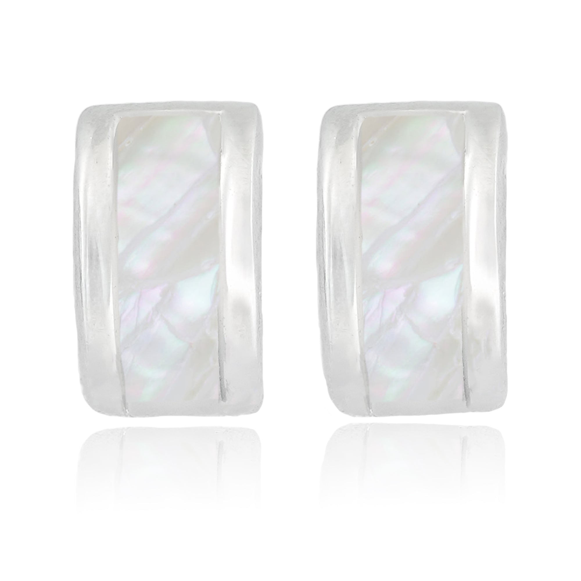 Sterling silver rectangular hoop earrings with glossy mother-of-pearl inlays, displayed against a neutral background.
