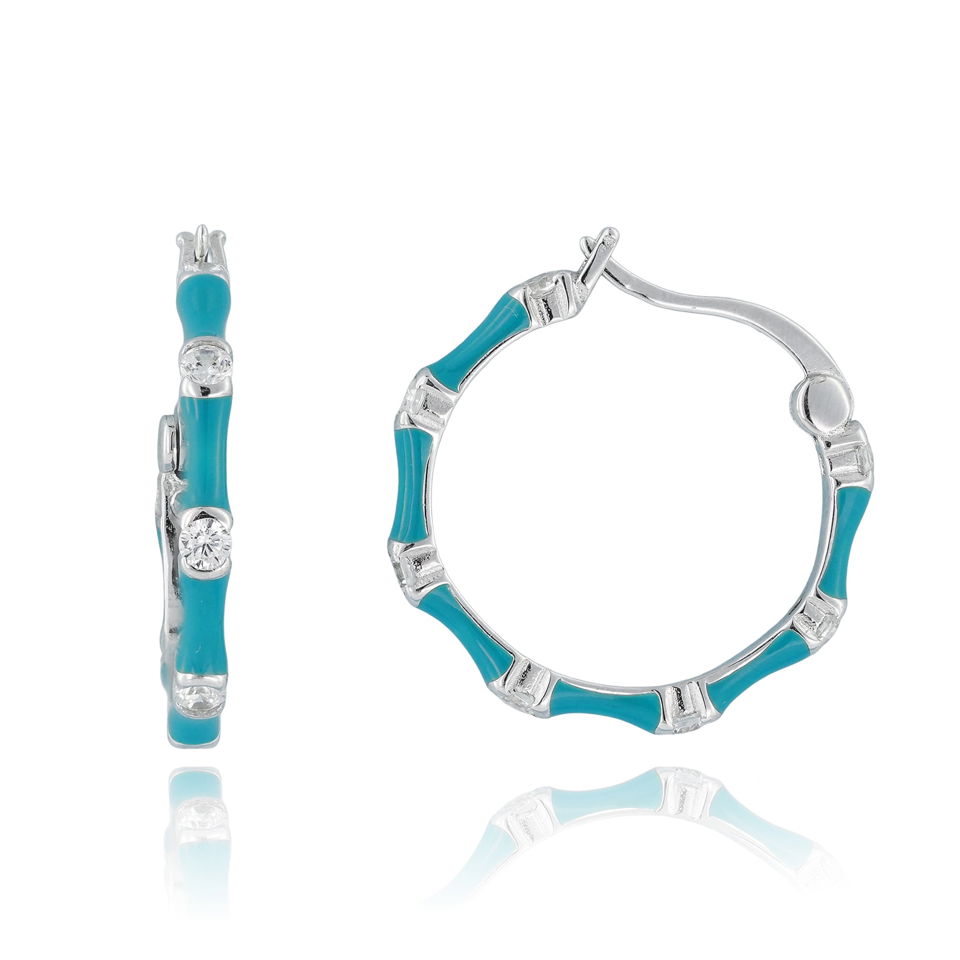 Angled side view showing the curvature, clasp design, and turquoise enamel detailing of the half-hoop earrings.