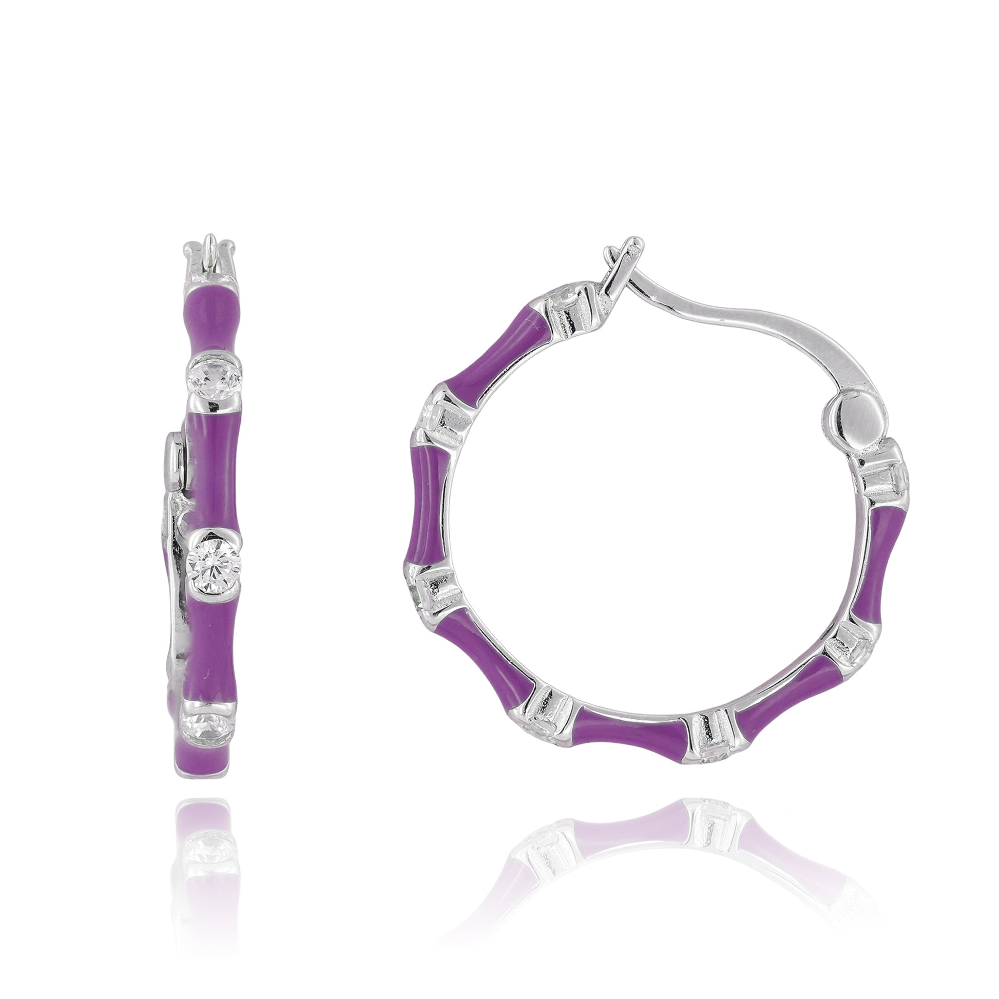 Angled side view showing the curvature, clasp design, and purple enamel detailing of the half-hoop earrings.