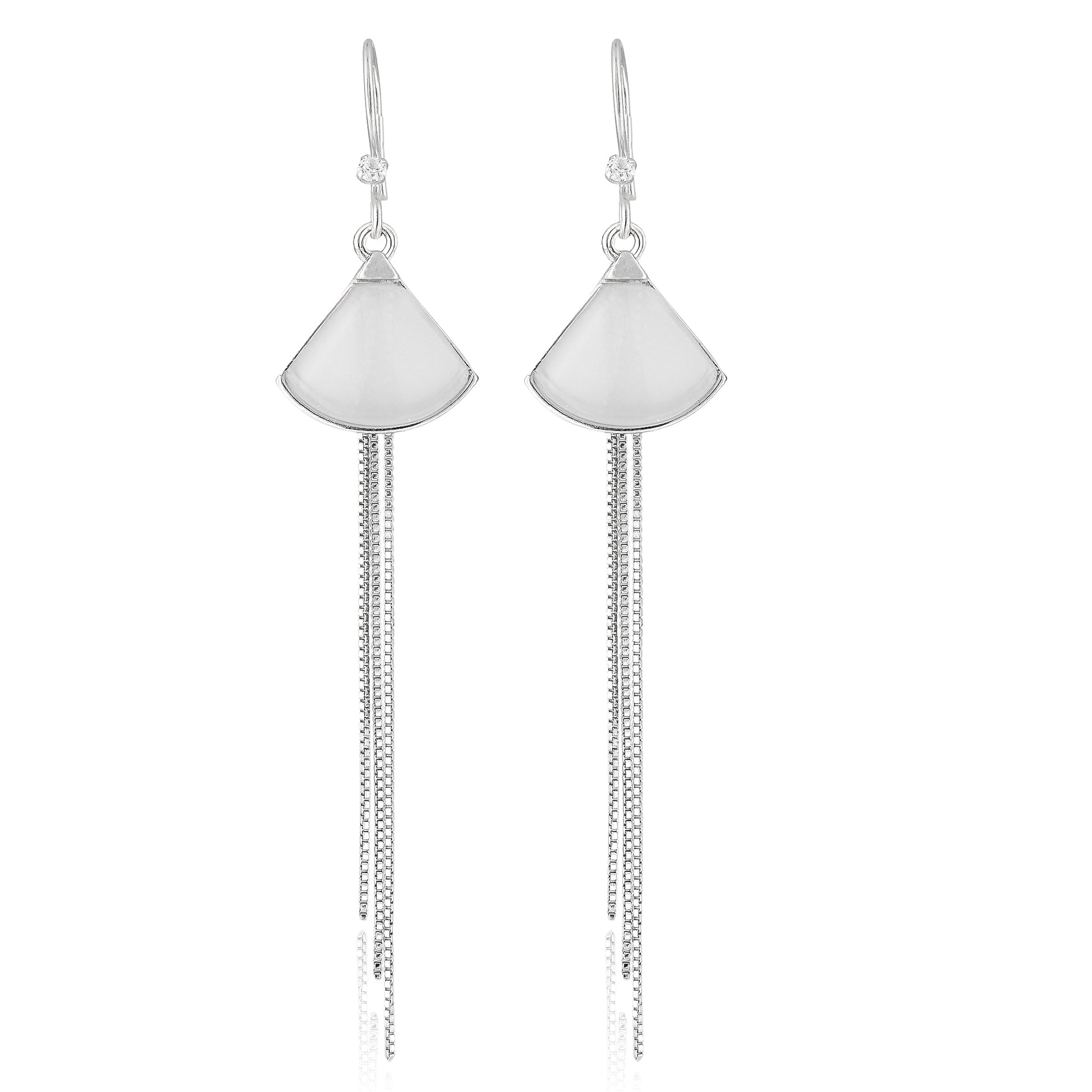 Close-up of Silver Drift Tassel Earrings featuring a fan-shaped satin finish top with three cascading silver chains, handcrafted in 925 sterling silver.