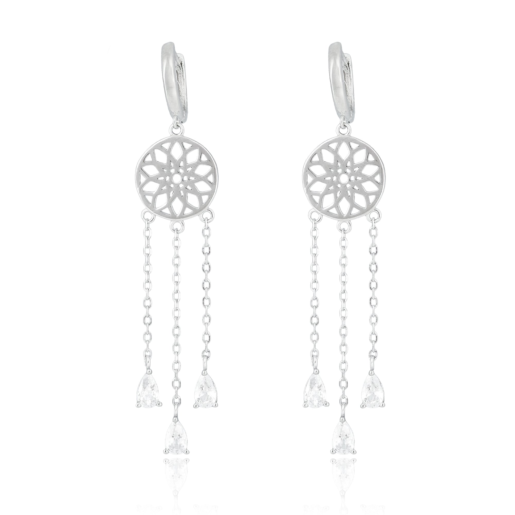 Intricate mandala drop earrings in sterling silver with cubic zirconia, displayed on a clean background.