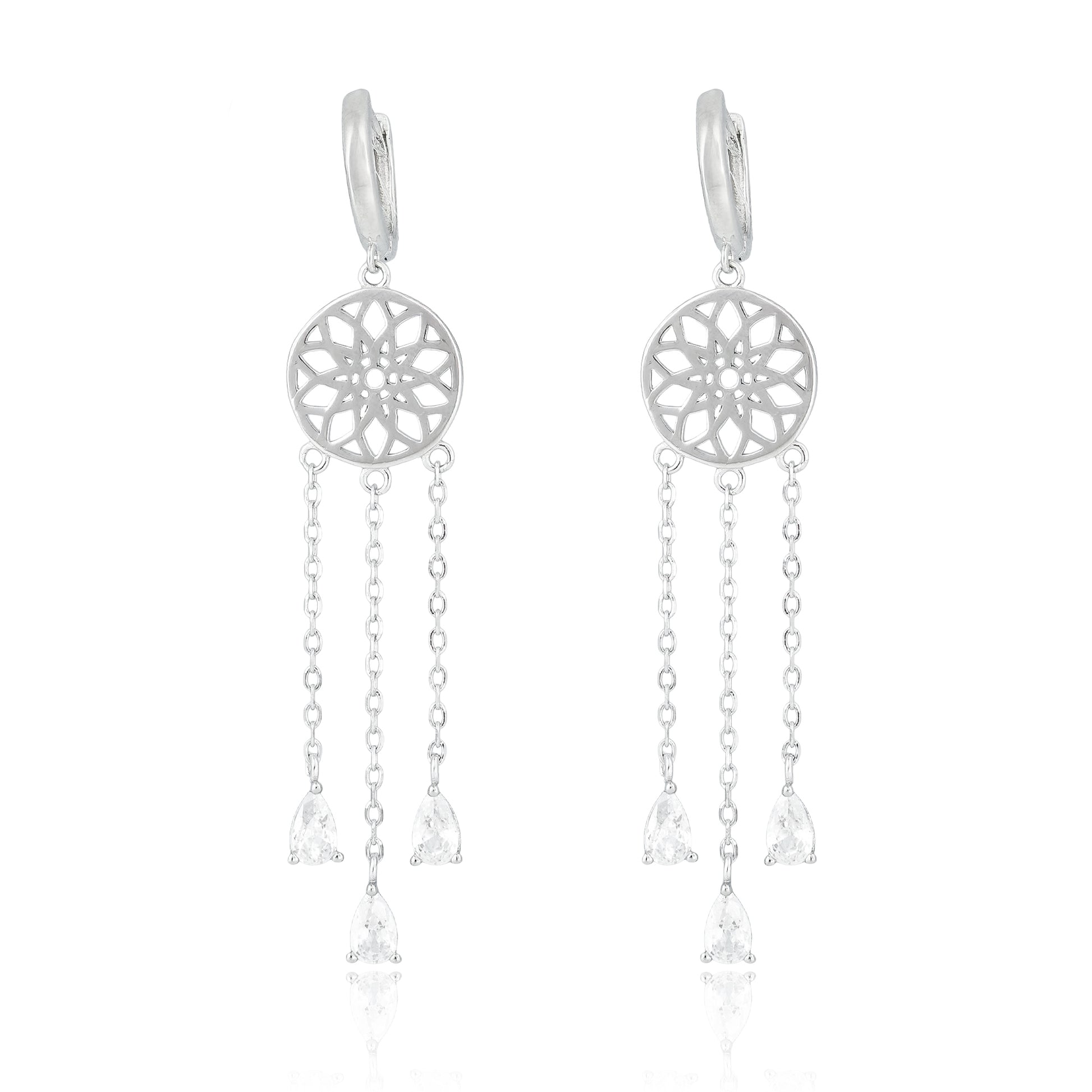 Intricate mandala drop earrings in sterling silver with cubic zirconia, displayed on a clean background.