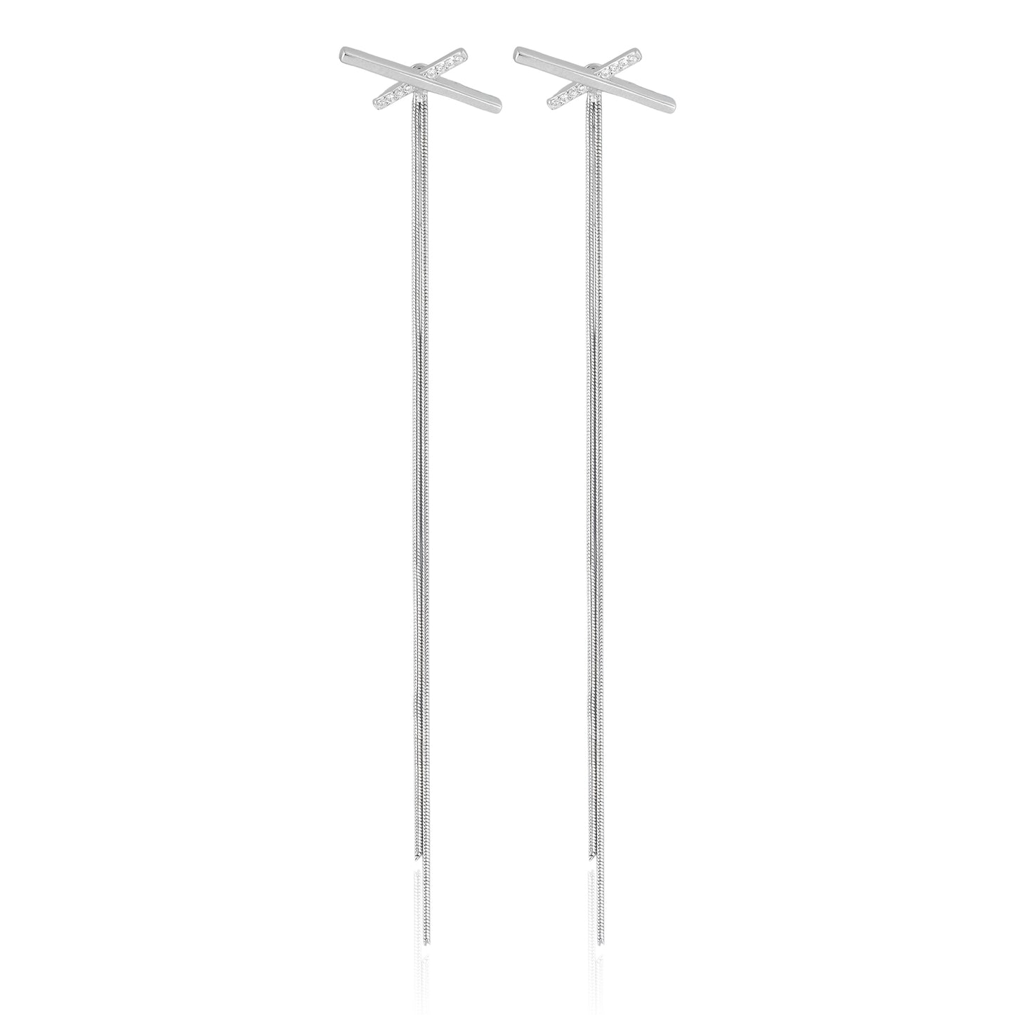 Close-up of Skyline Threader Earrings featuring a criss-cross bar with micro-crystals and long cascading box chain threads in polished sterling silver.