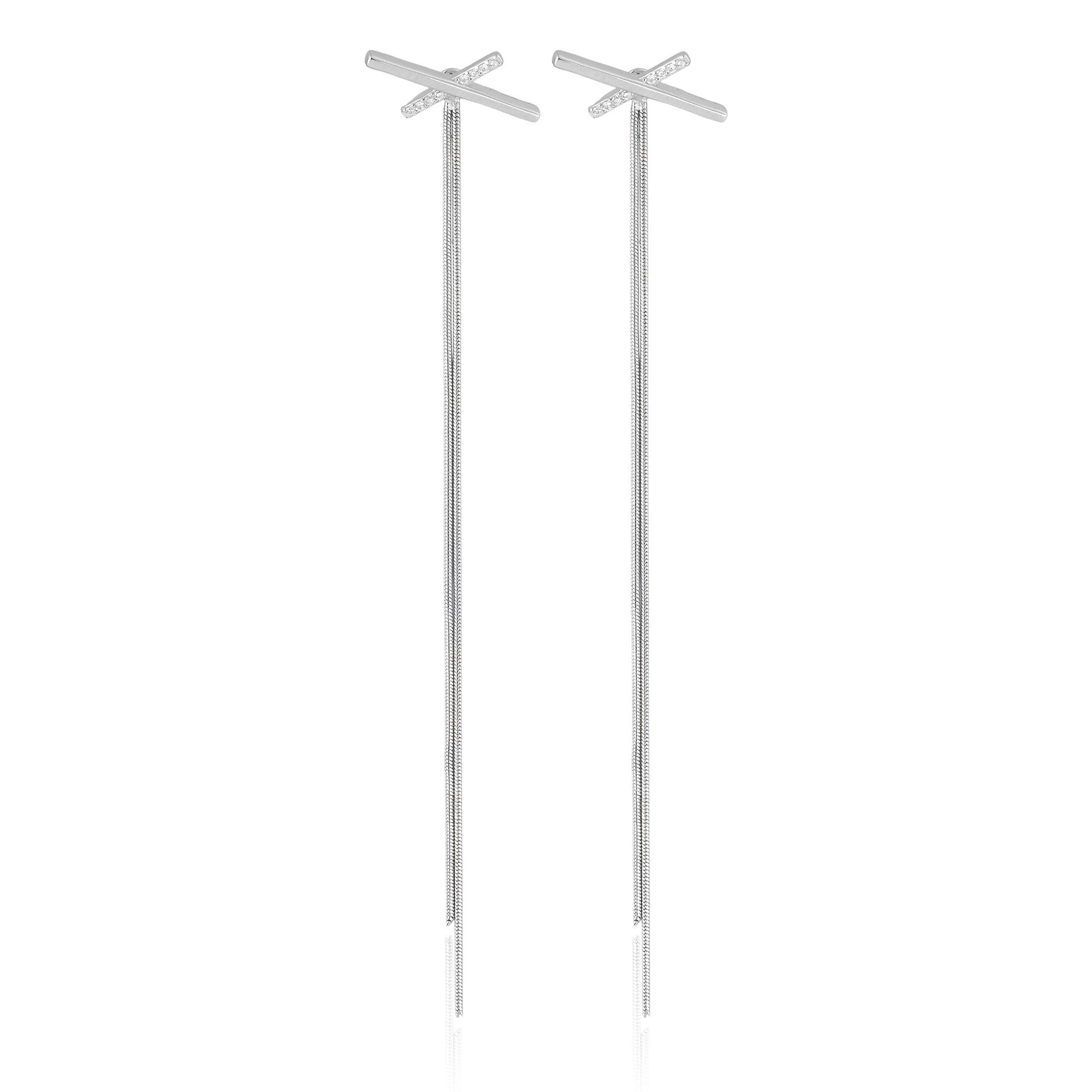 Close-up of Skyline Threader Earrings featuring a criss-cross bar with micro-crystals and long cascading box chain threads in polished sterling silver.